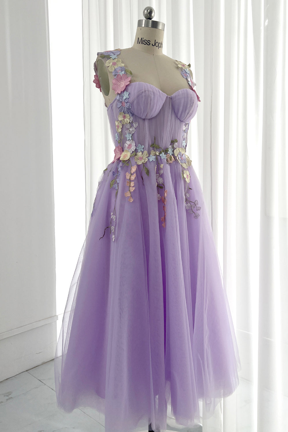 MissJophiel Embroidery Floral Midi Lavender Prom Dress