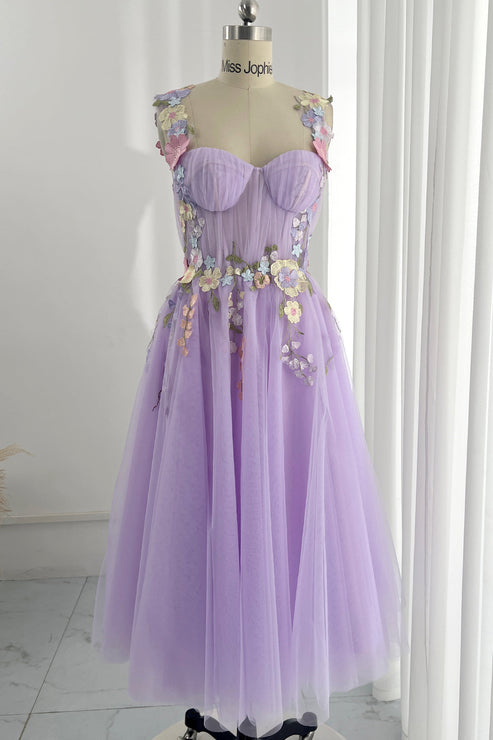 MissJophiel Embroidery Floral Midi Lavender Prom Dress