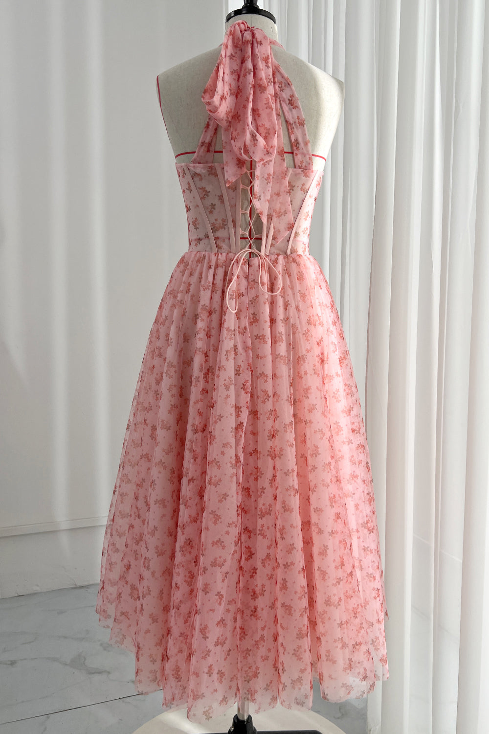 MissJophiel Corset Top Illusion Midi Floral Dress with removable straps Pink Print / Above Knee / US10