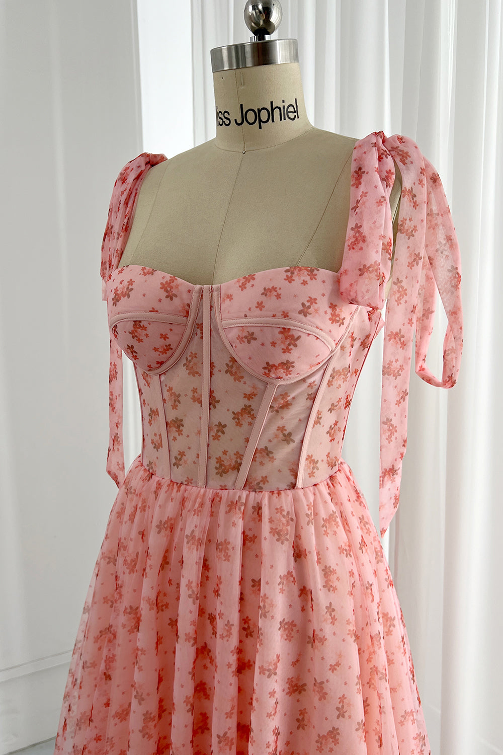 MissJophiel Corset Top Illusion Midi Floral Dress with removable straps Pink Print / Above Knee / US10