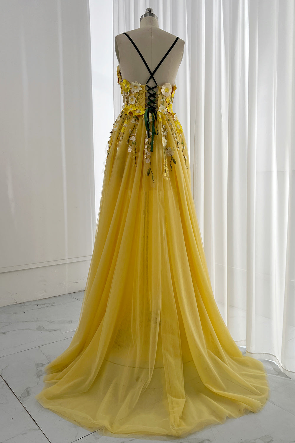 Embroidery Floral V Neck Yellow Prom Dress