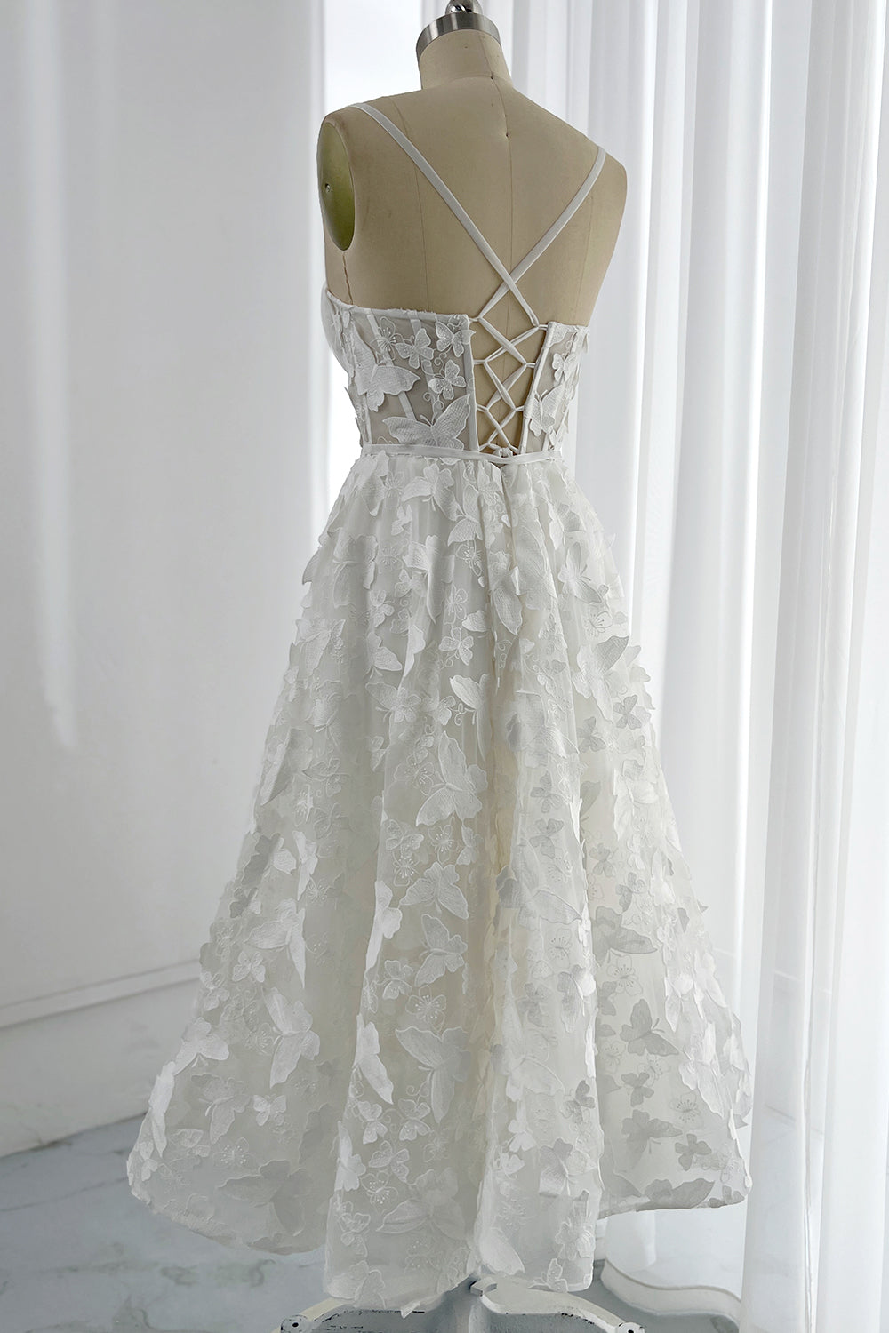 MissJophiel Embroidery Butterfly Corset Midi Dress with Lace Up Back Ivory / Tea Length / US6 MissJophiel Embroidery Butterfly Corset Midi Dress with Lace Up Back Ivory / Tea Length / US6