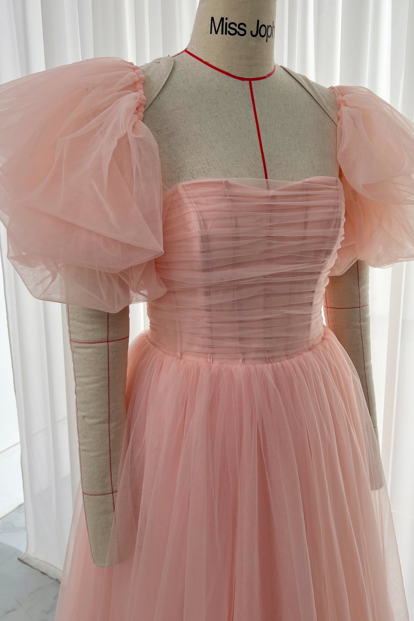 MissJophiel Strapless Midi Peach Pink Prom Dress with Removable Puff Sleeves and Straps(2 Sets)