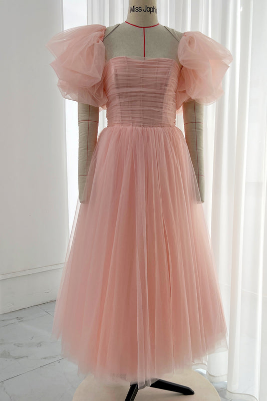 MissJophiel Strapless Midi Peach Pink Prom Dress with Removable Puff Sleeves and Straps(2 Sets)