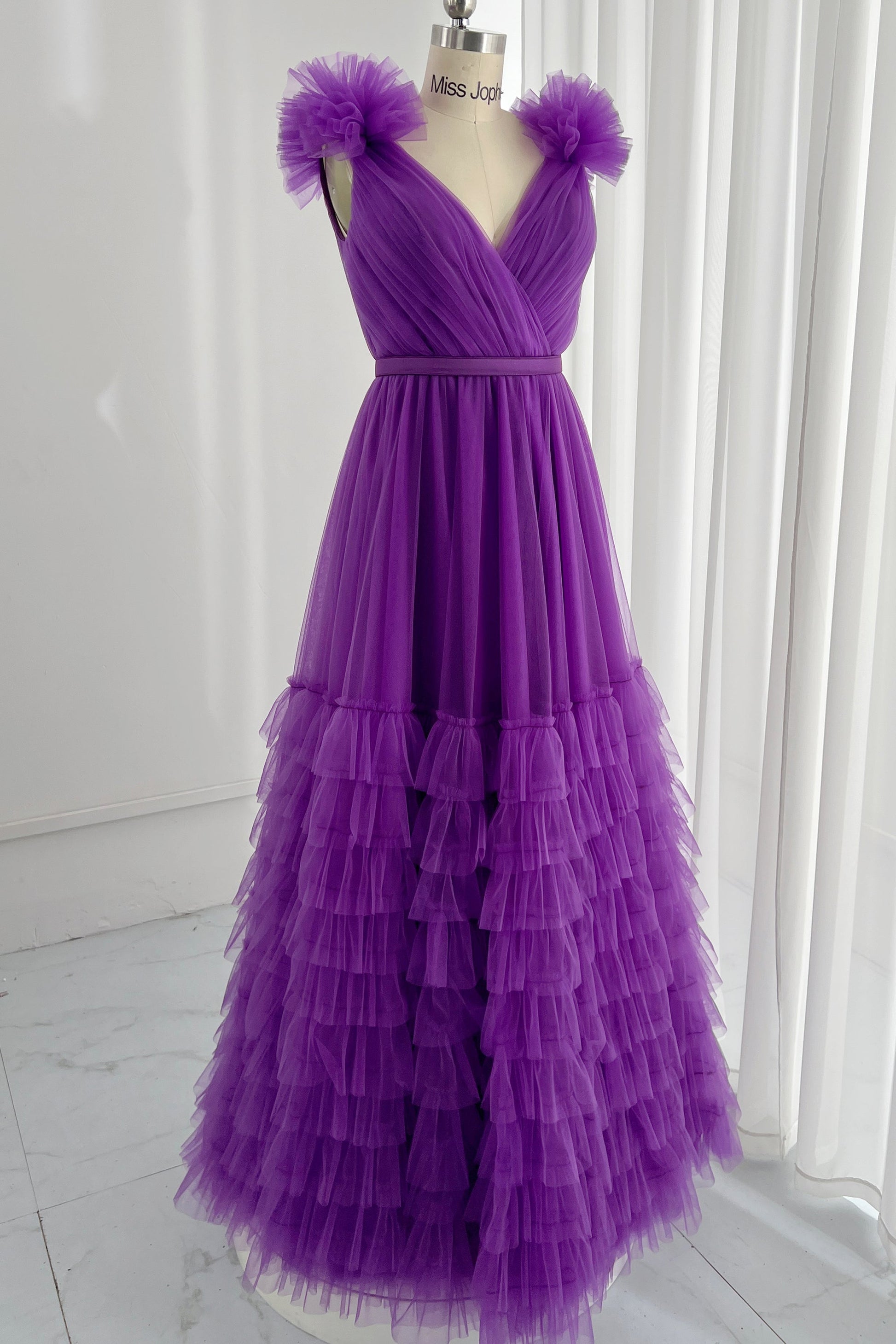 MissJophiel Straps V Neck Tiered Tulle Evening Dress MissJophiel Straps V Neck Tiered Tulle Evening Dress