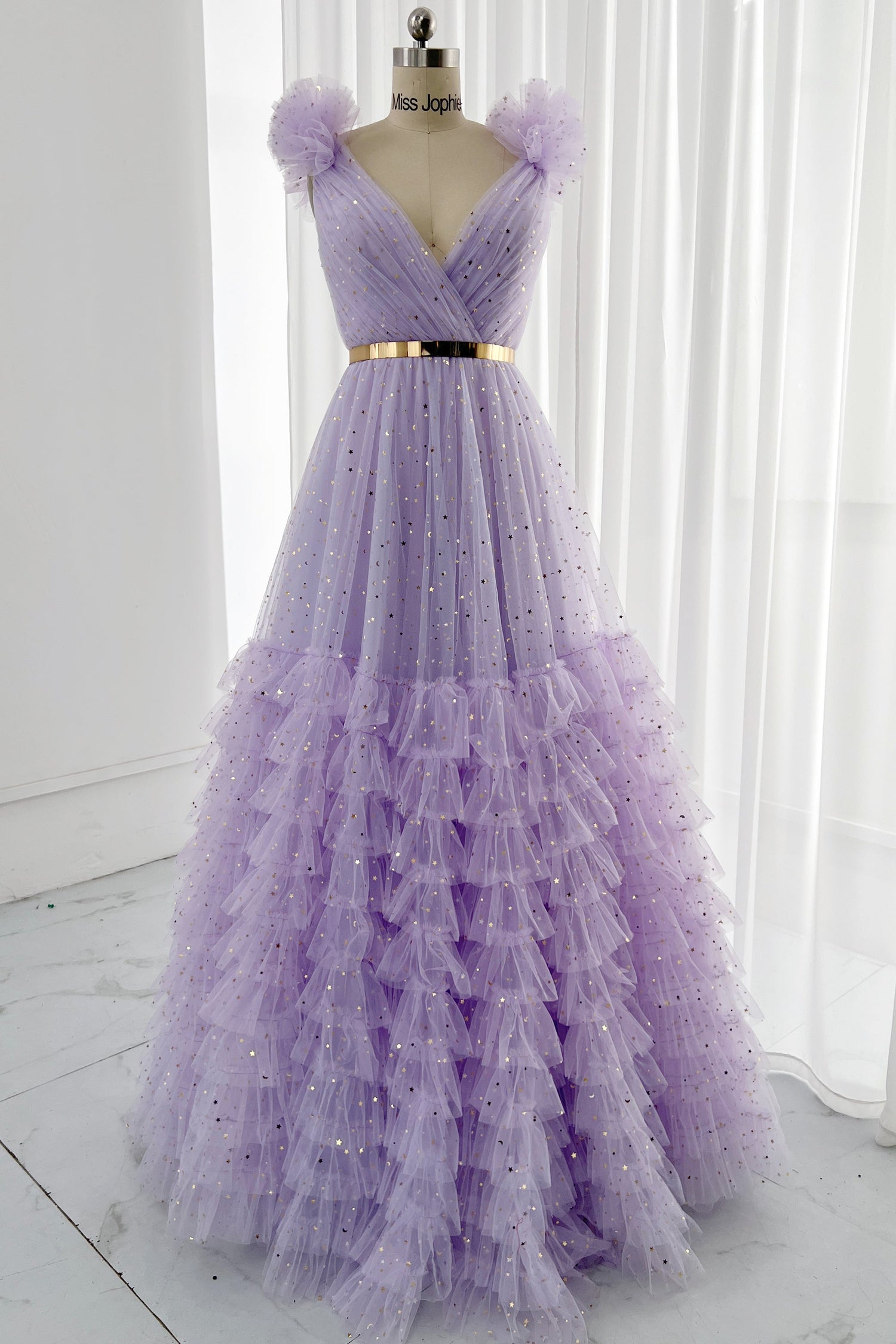 MissJophiel Straps V Neck Tiered Star Tulle Evening Dress