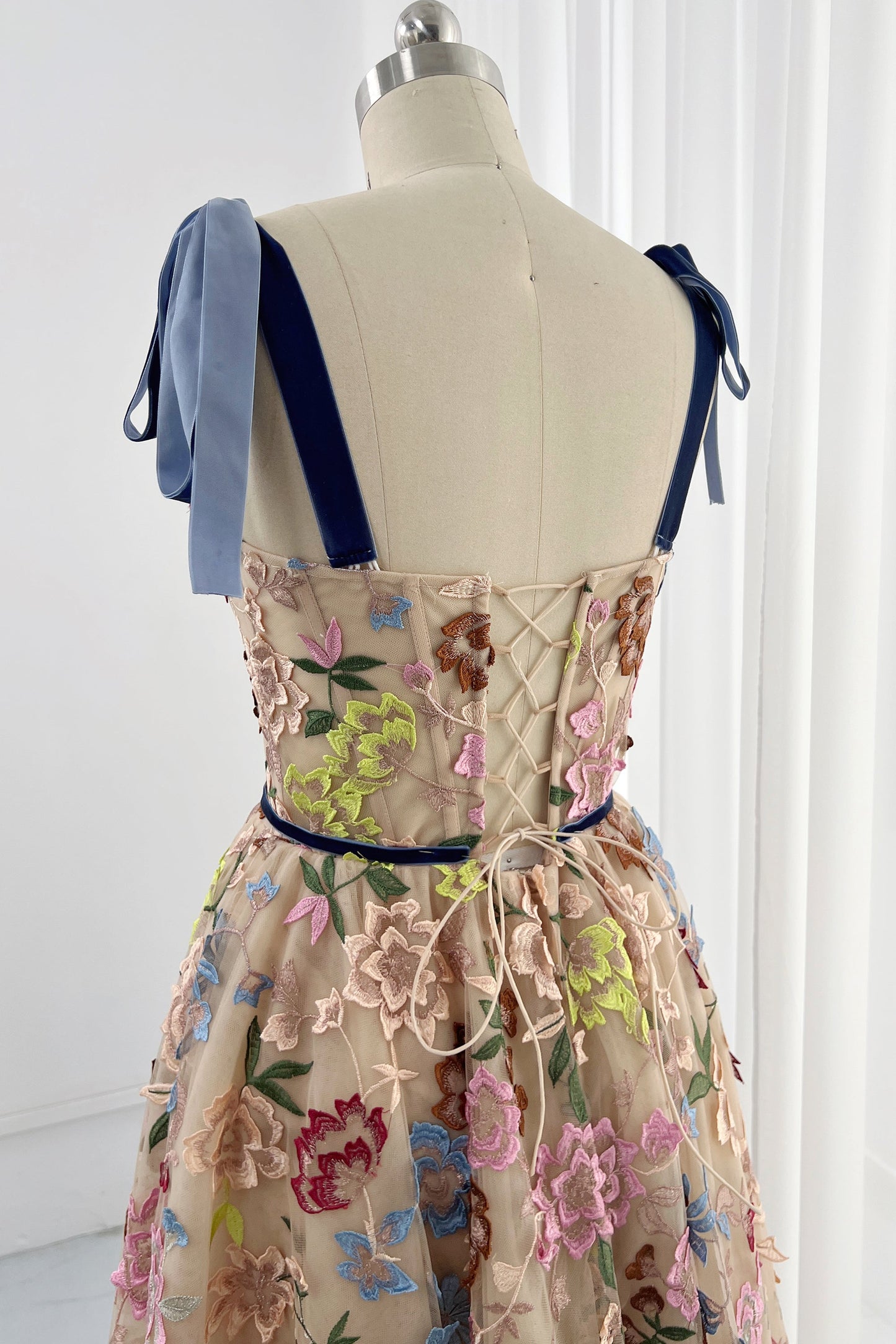 Embroidery Floral Corset Midi Dress with Removable Tie Straps