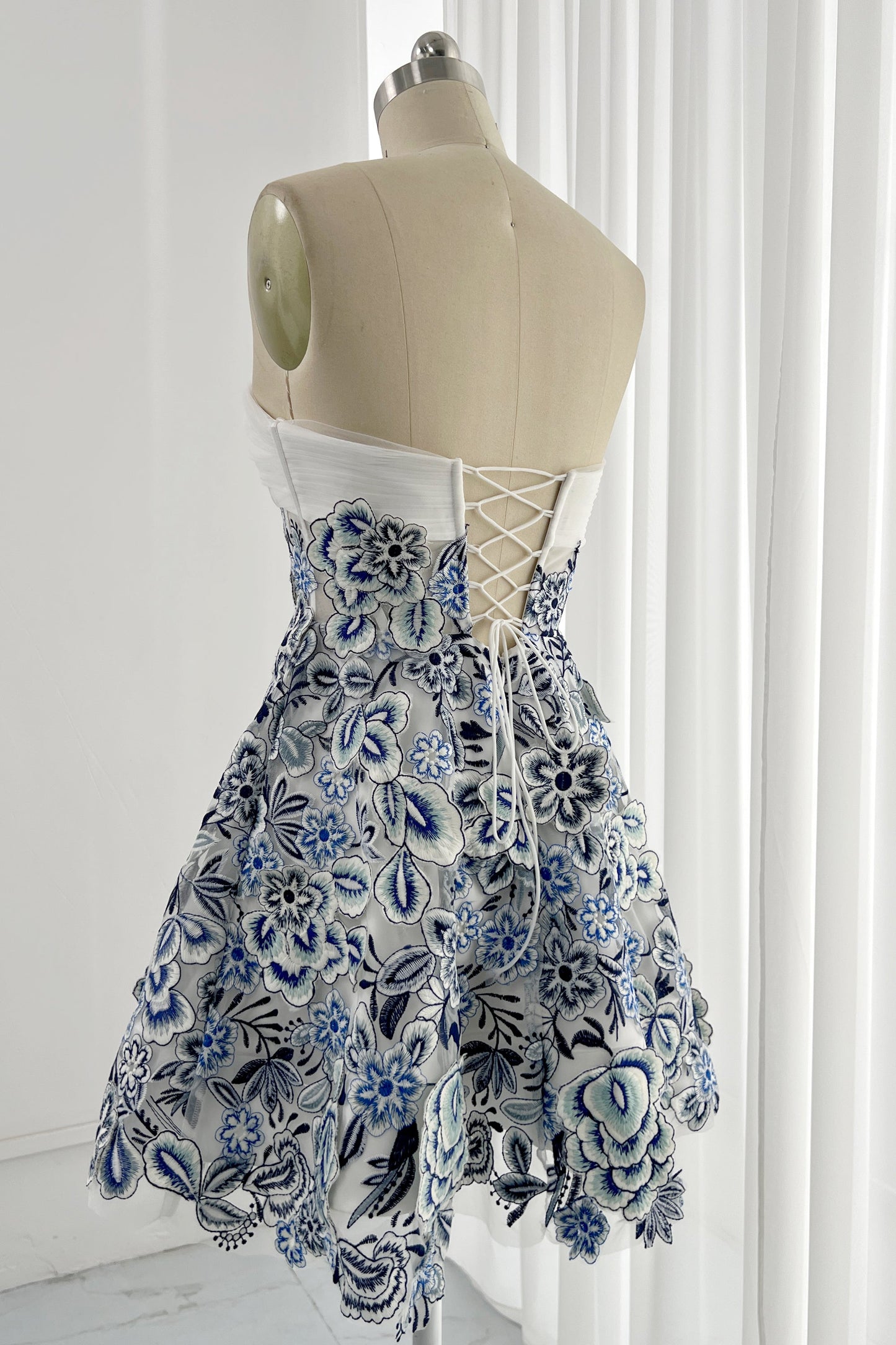 Blue and White Embroidery Floral Corset Mini Dress with Removable Straps