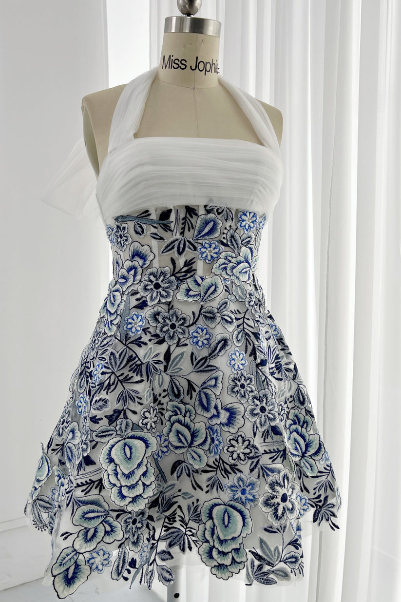 MissJophiel Blue and White Embroidery Floral Corset Mini Dress with