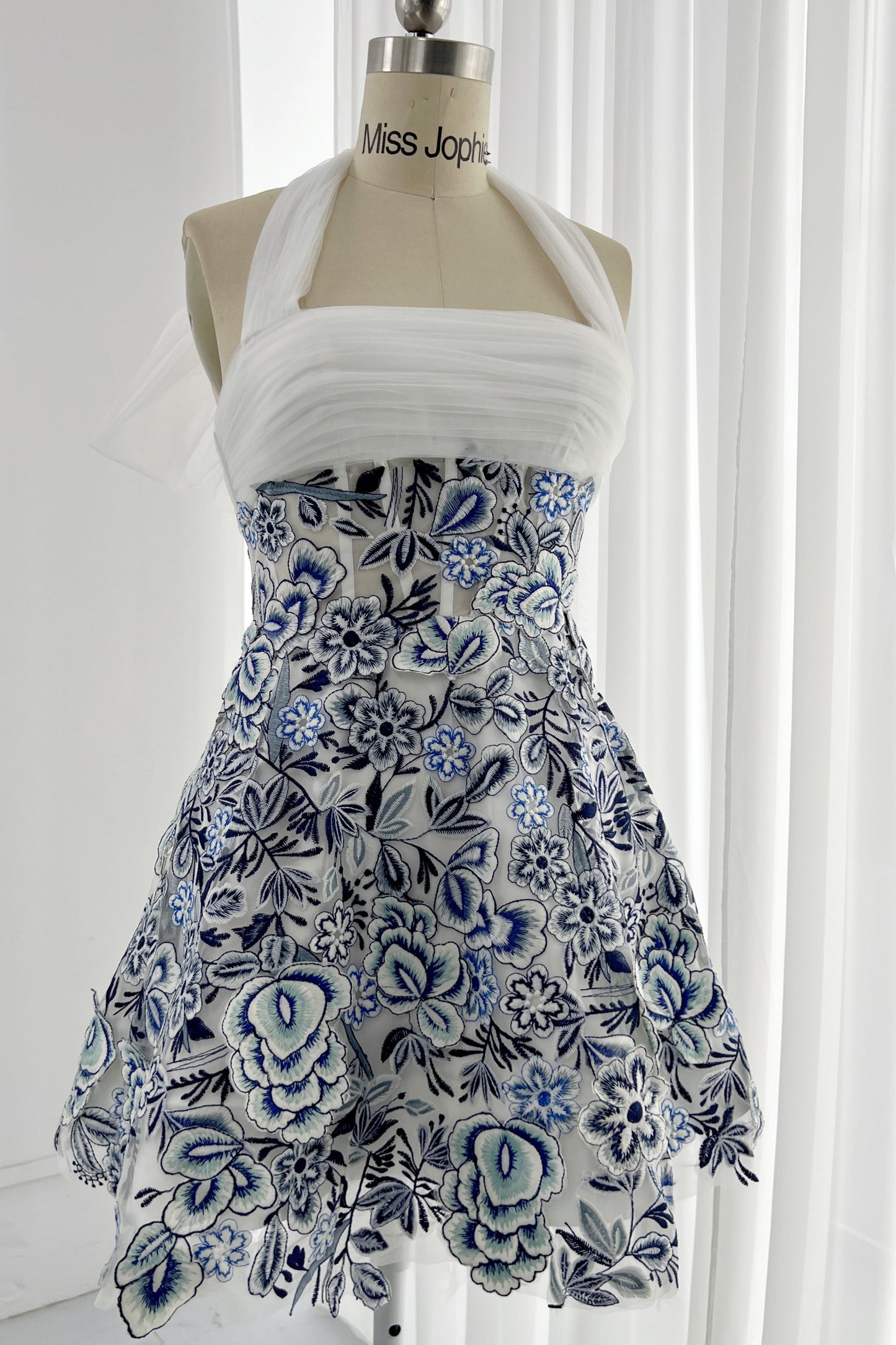 MissJophiel Blue and White Embroidery Floral Corset Mini Dress with Removable Straps