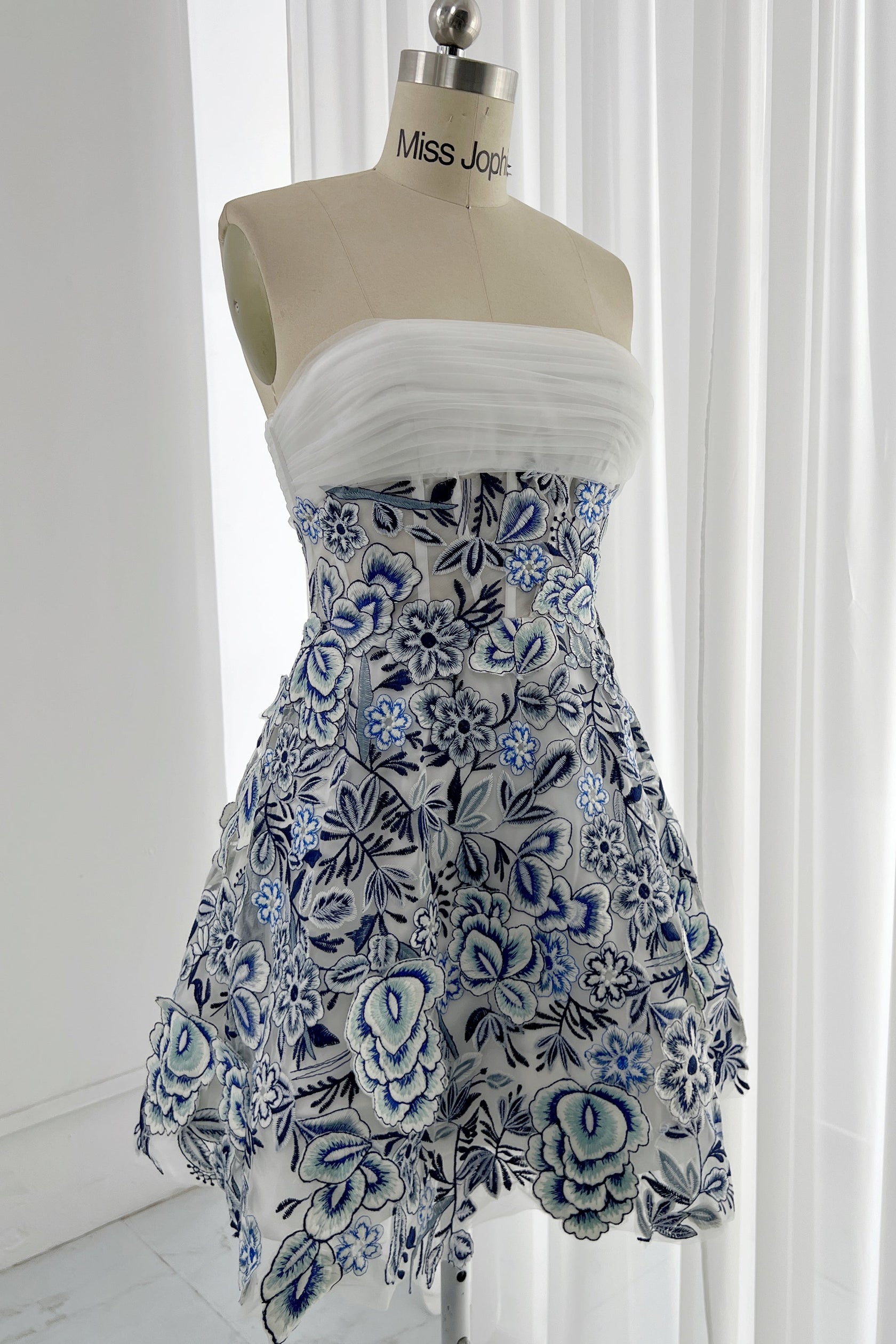 MissJophiel Blue and White Embroidery Floral Corset Mini Dress with