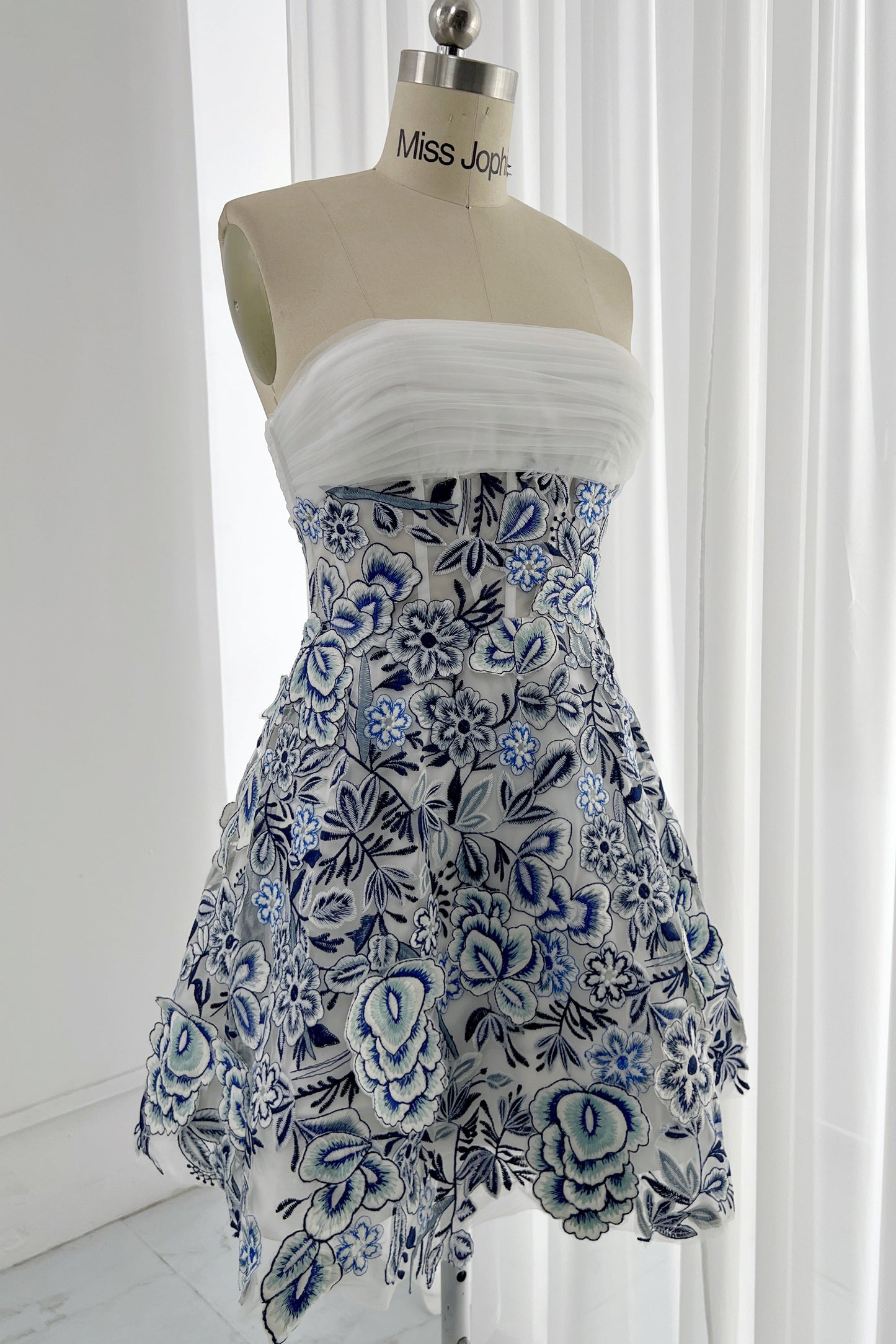Blue and White Embroidery Floral Corset Mini Dress with Removable Straps