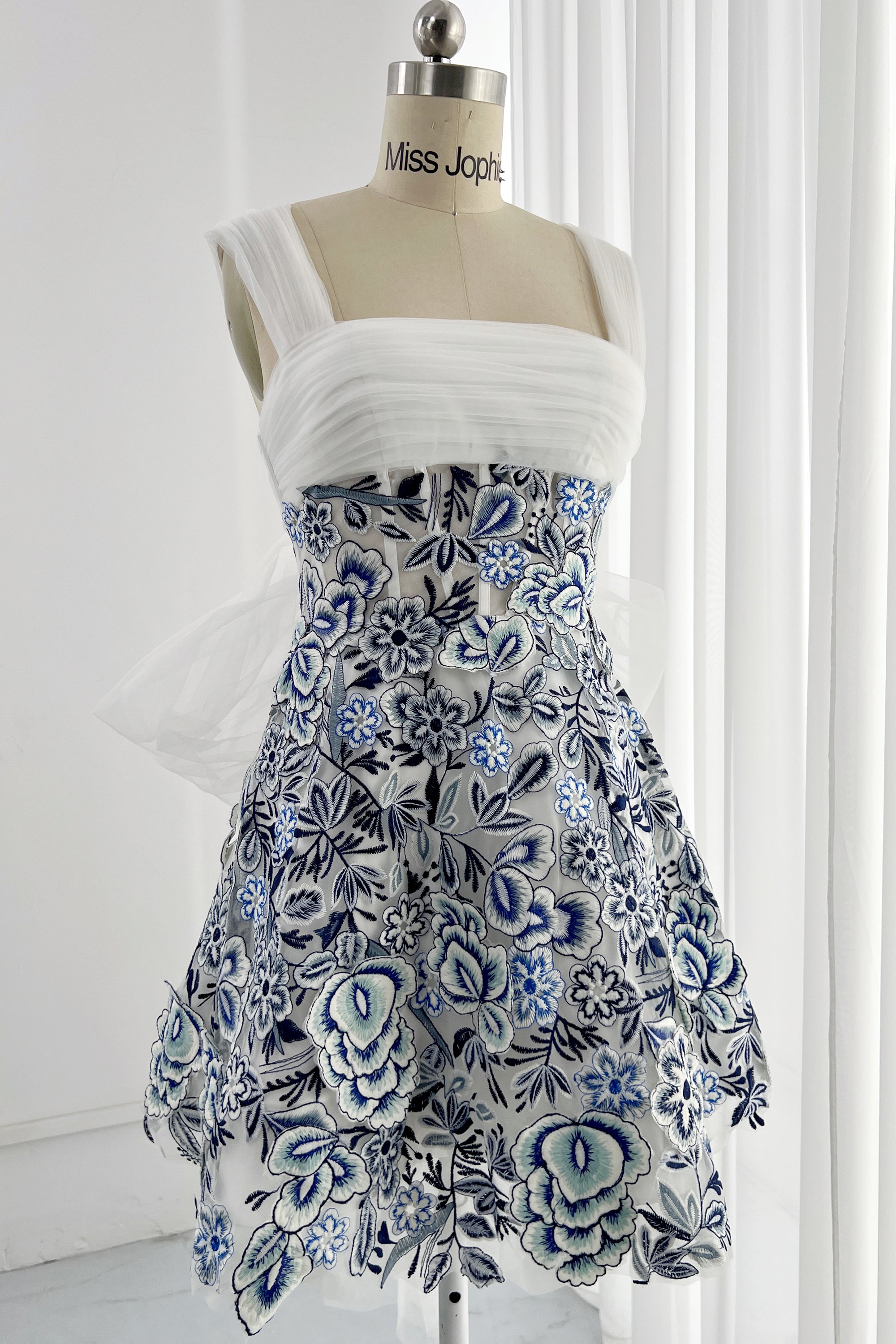 MissJophiel Blue and White Embroidery Floral Corset Mini Dress with