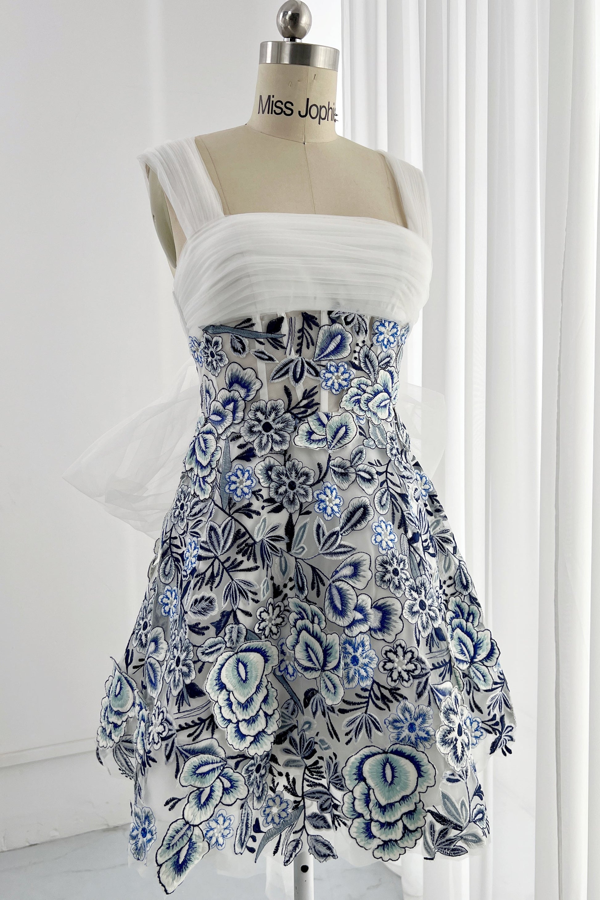 MissJophiel Blue and White Embroidery Floral Corset Mini Dress with Removable Straps
