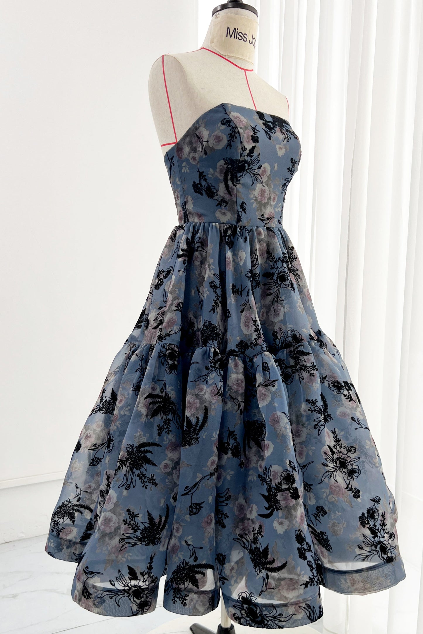 Strapless Floral Navy Floral Tiered Midi Evening Gown