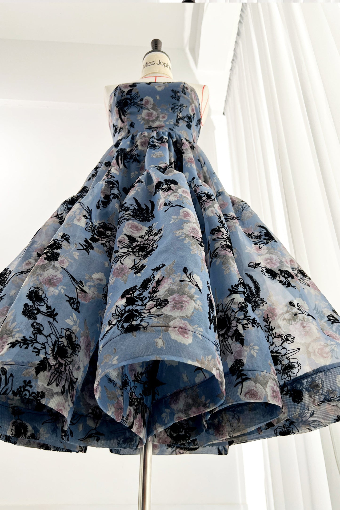 Strapless Floral Navy Floral Tiered Midi Evening Gown