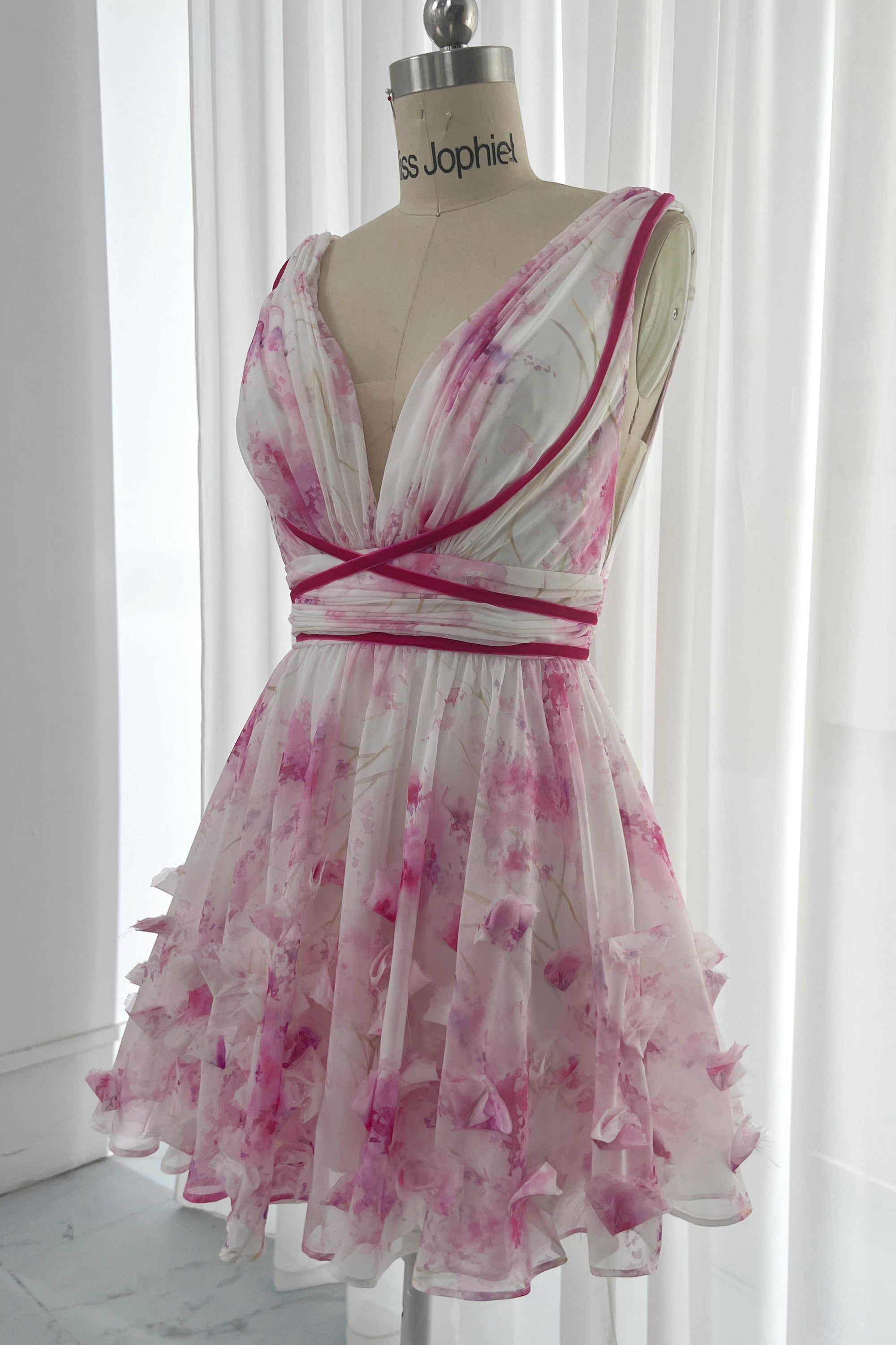 MissJophiel V Neck Floral Mini Dress with Handmade Flowers