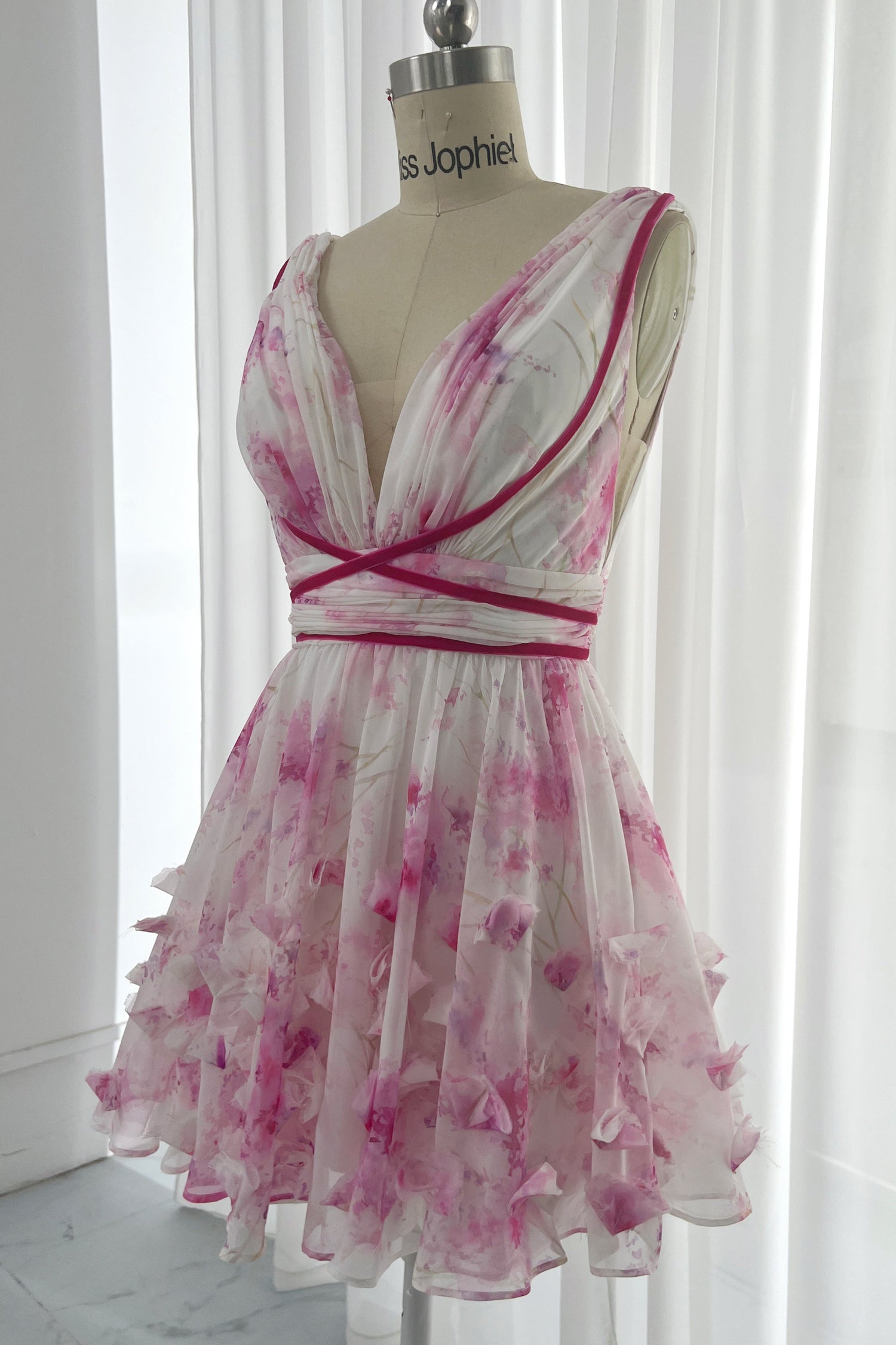 MissJophiel V Neck Floral Mini Dress with Handmade Flowers