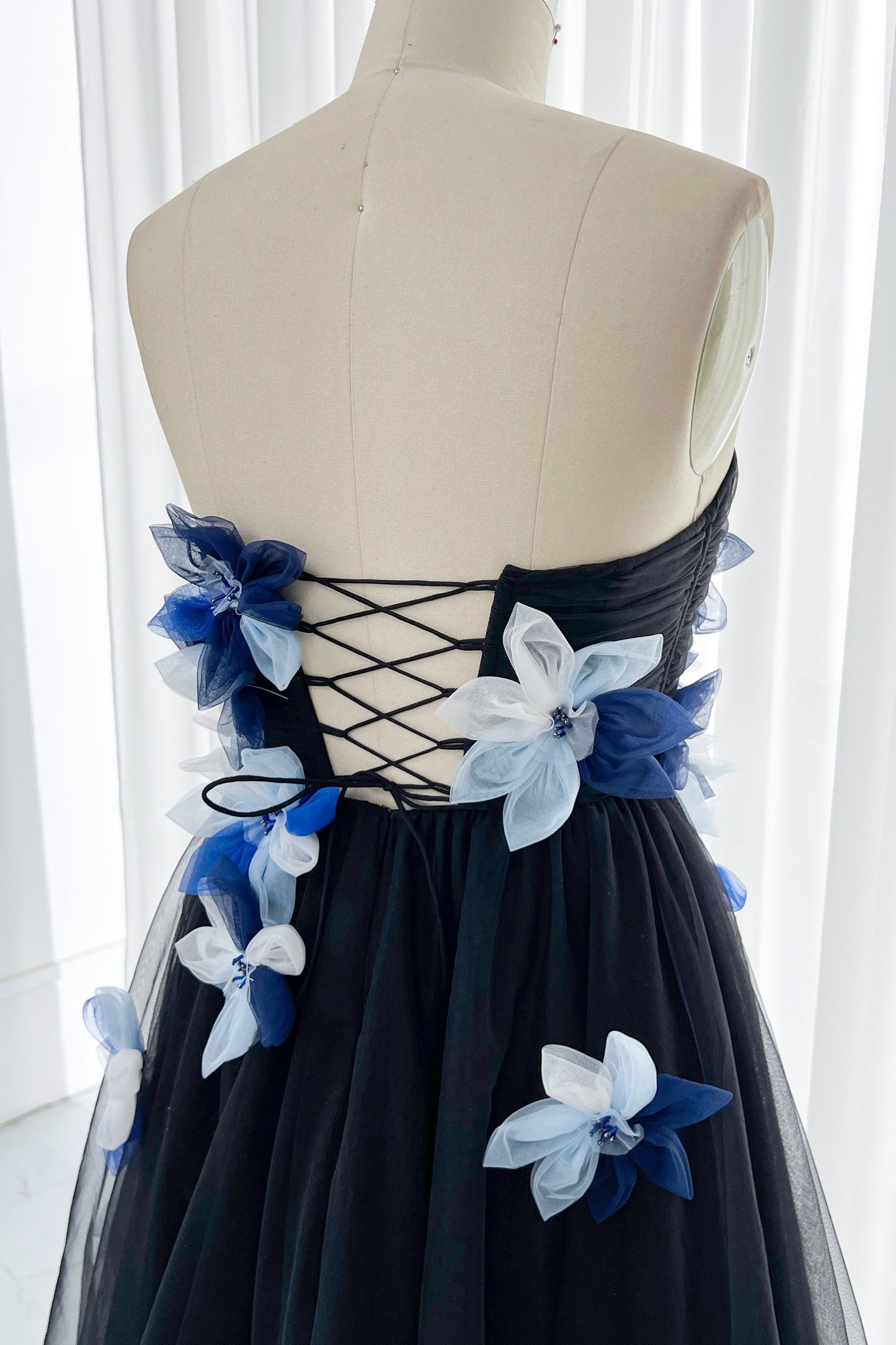 MissJophiel Strapless Black Tulle with Blue and white Flowers Midi Dress