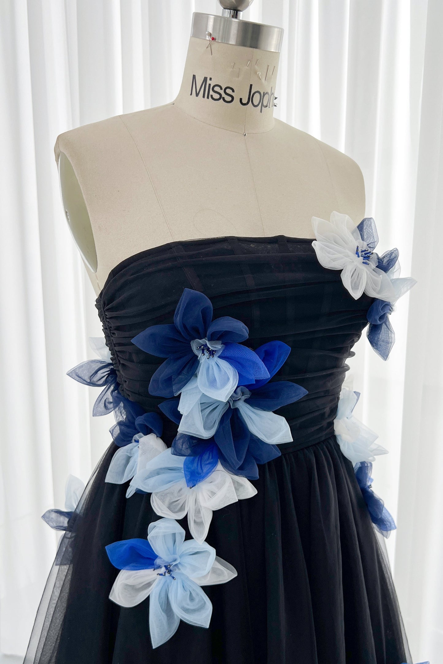 Strapless Black Tulle with Blue and white Flowers Midi Dress