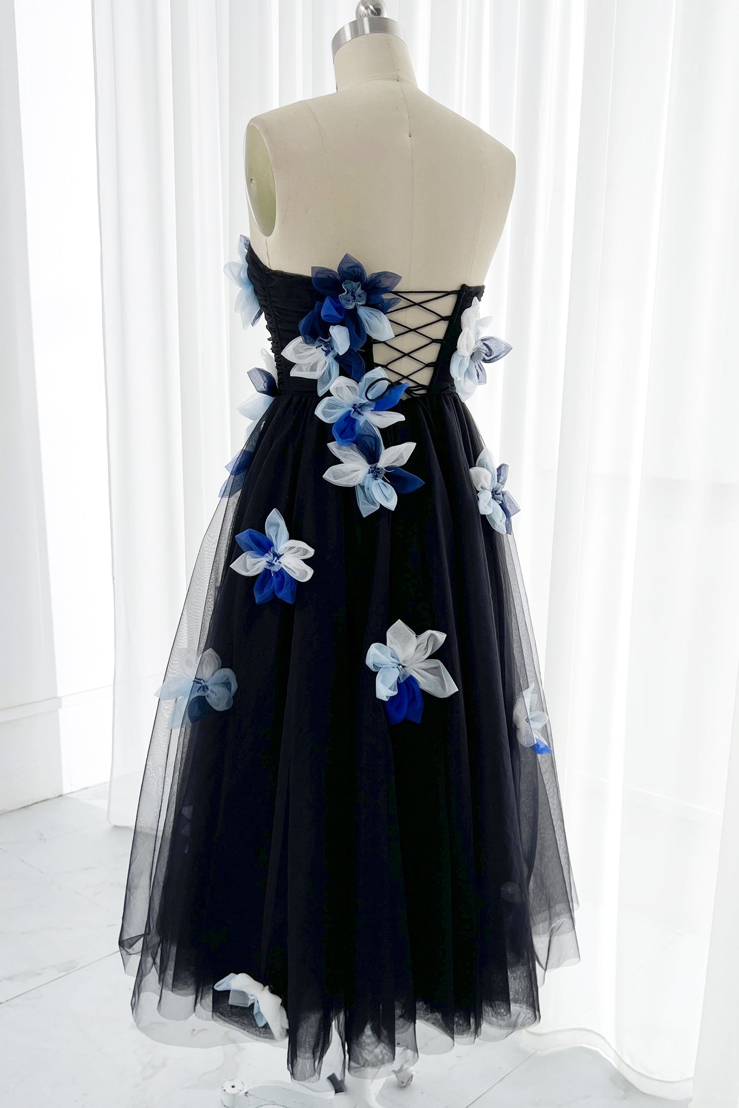 Strapless Black Tulle with Blue and white Flowers Midi Dress