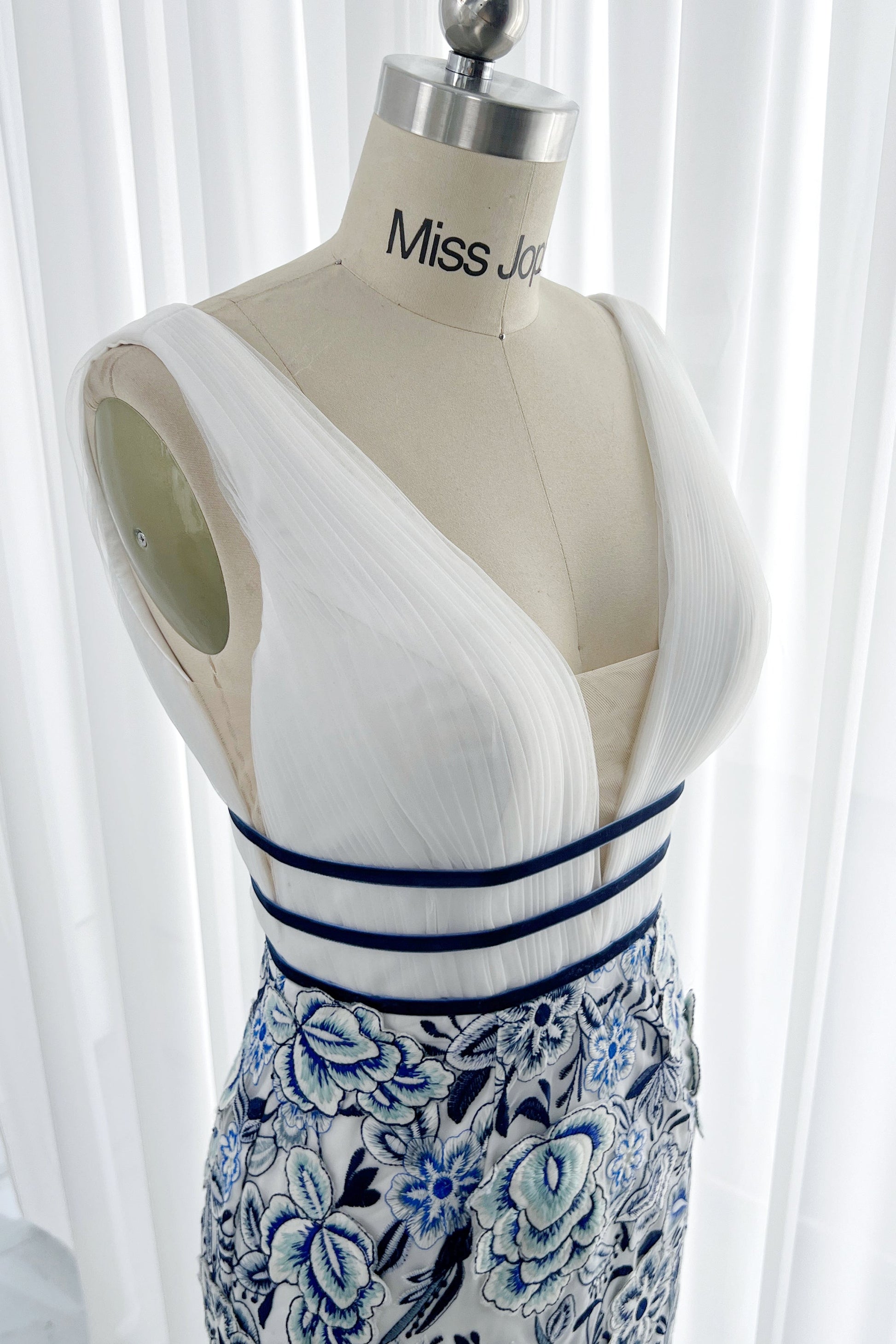 blue and white embroidered dress MissJophiel Blue and White Embroidery Floral Sheath Deep V Neck Midi Dress Blue and White / Floor Length / Custom Size