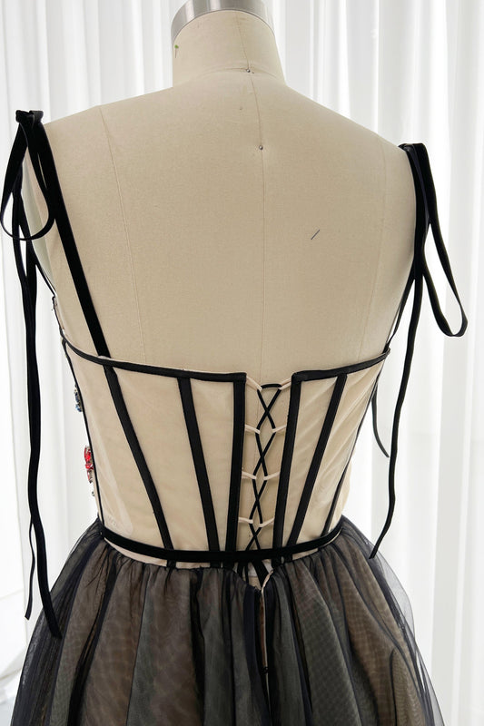 MissJophiel Strapless Corset with Crystals Midi Prom Dress with Removable Tie Straps