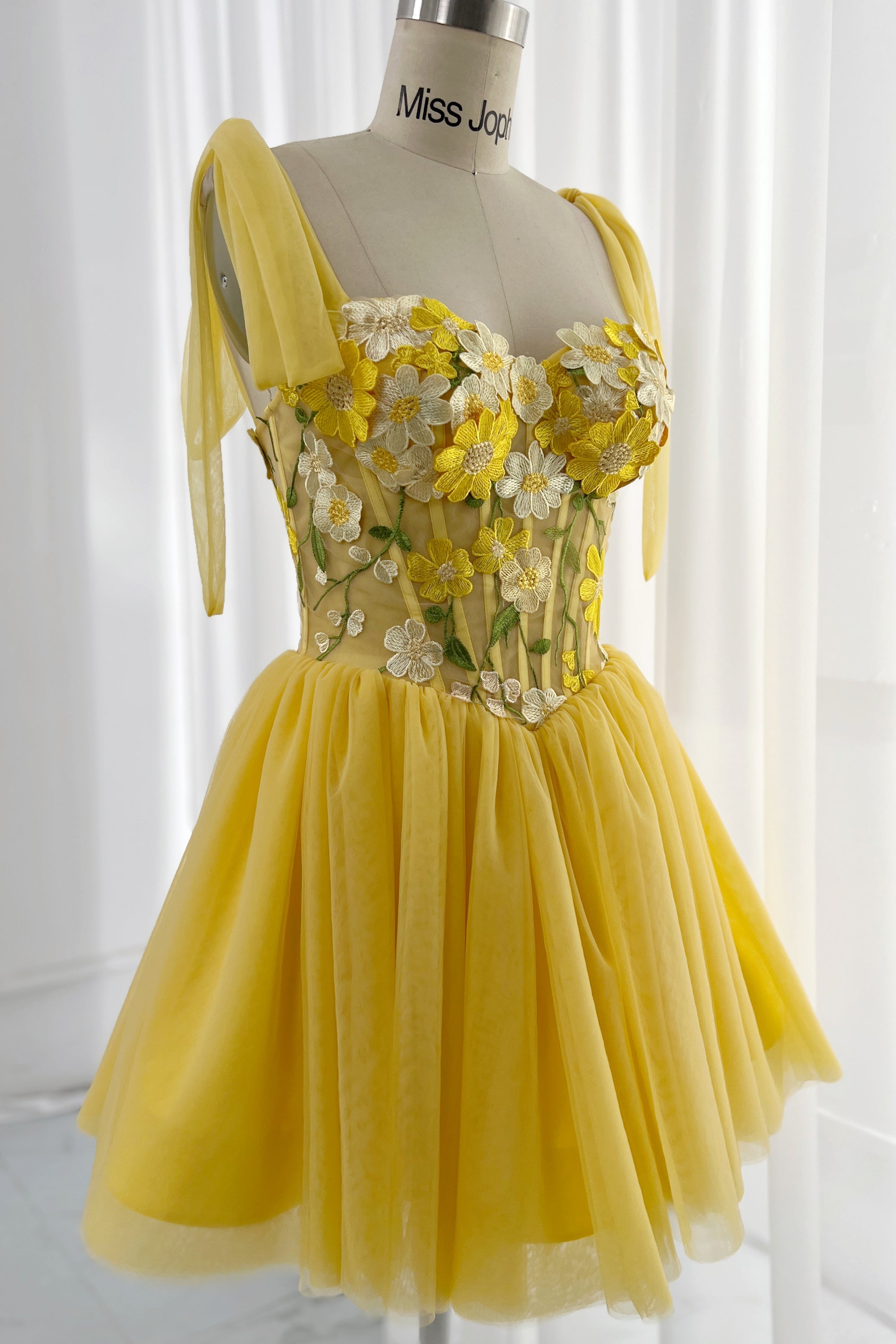 Corset Floral Embroidery Yellow Dress with Tie Straps