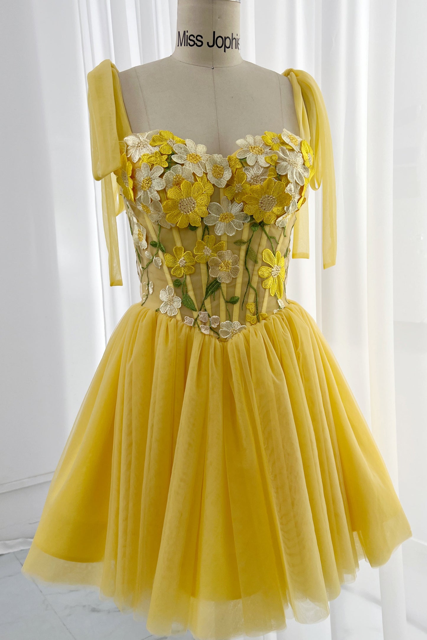 Corset Floral Embroidery Yellow Dress with Tie Straps