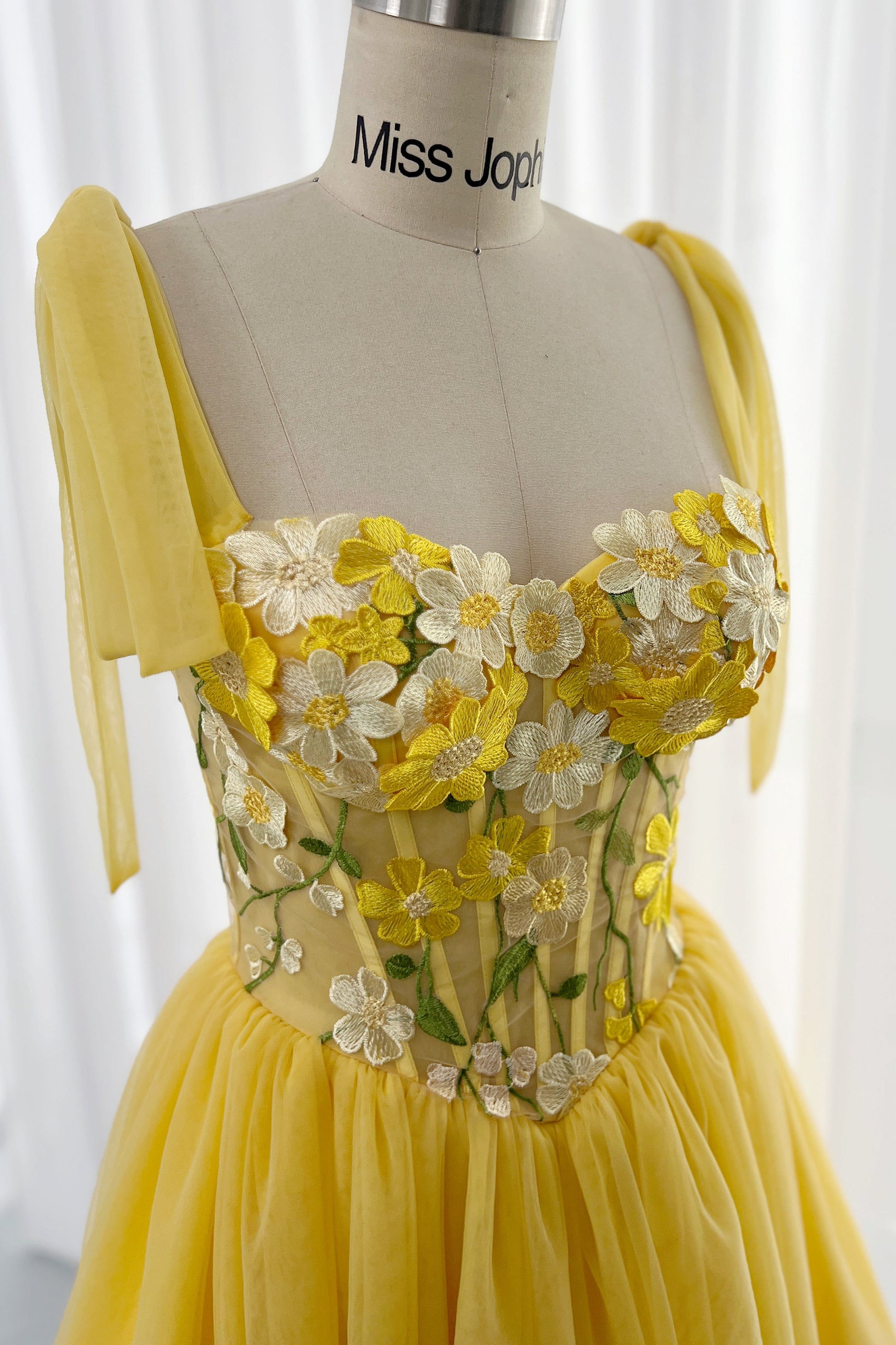 Corset Floral Embroidery Yellow Dress with Tie Straps