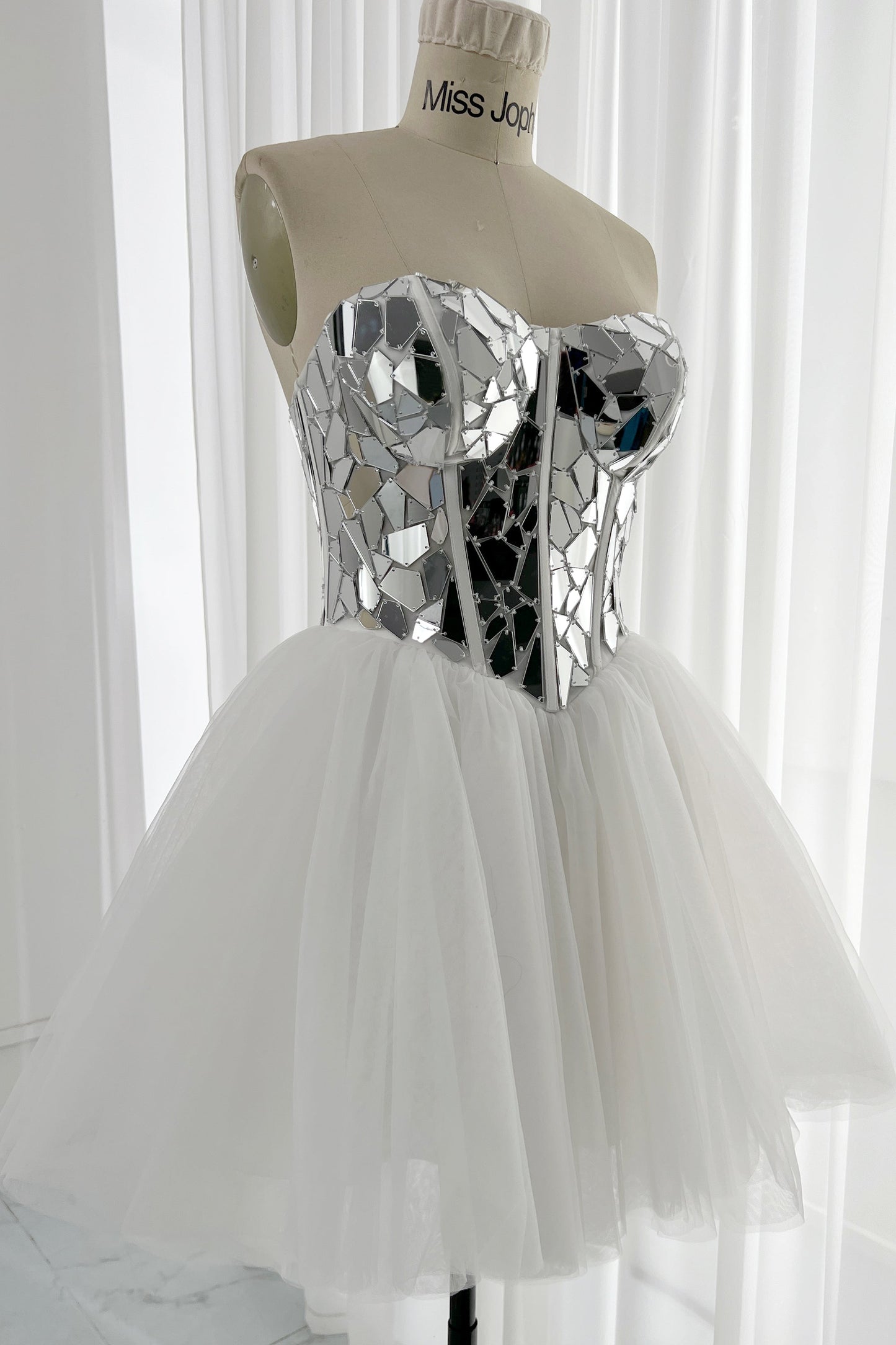 MissJophiel Strapless Cut Glass Mirror Embellishment Mini Dress with Lace Up Back