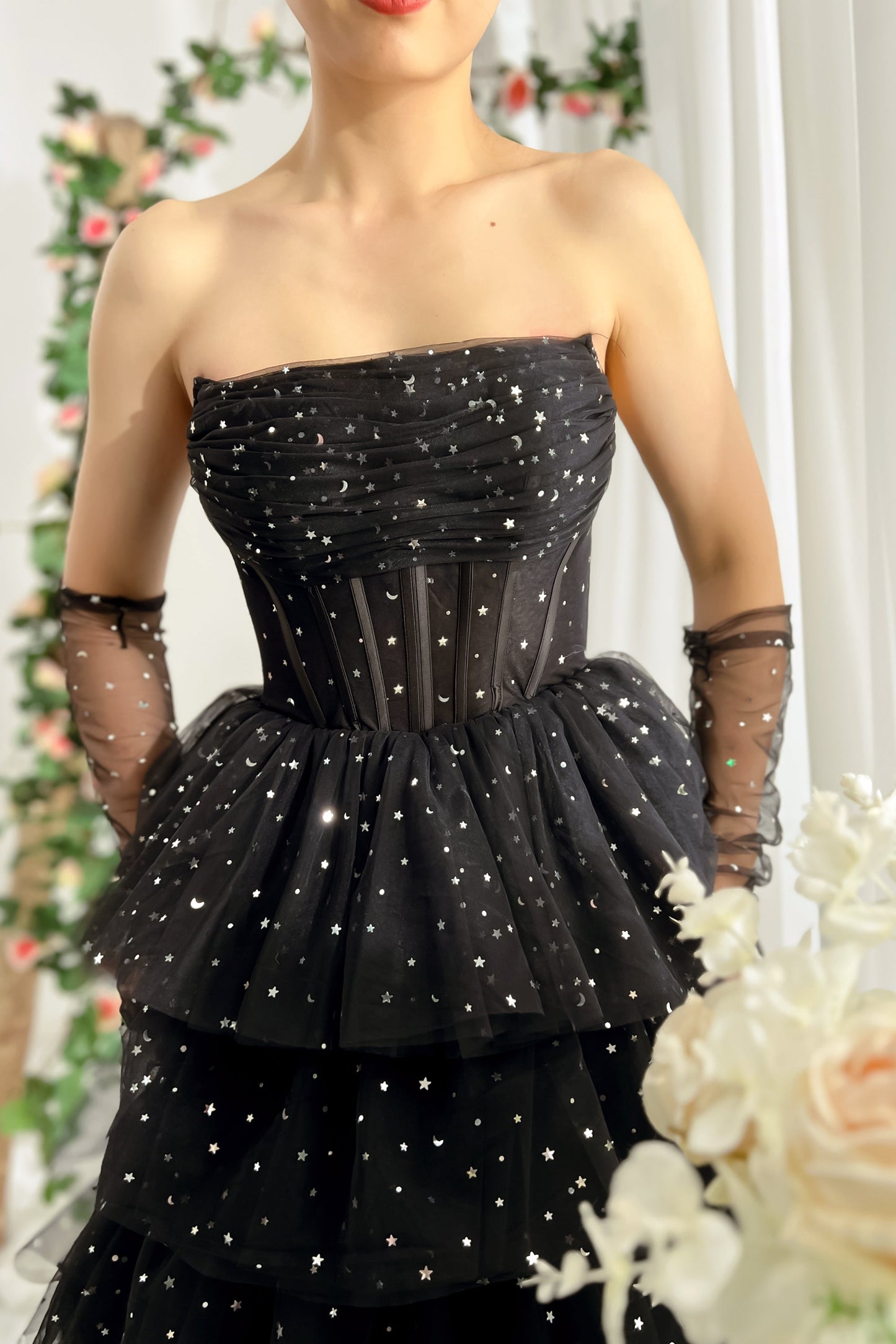 Strapless Corset Tulle Tiered Dress with Slit