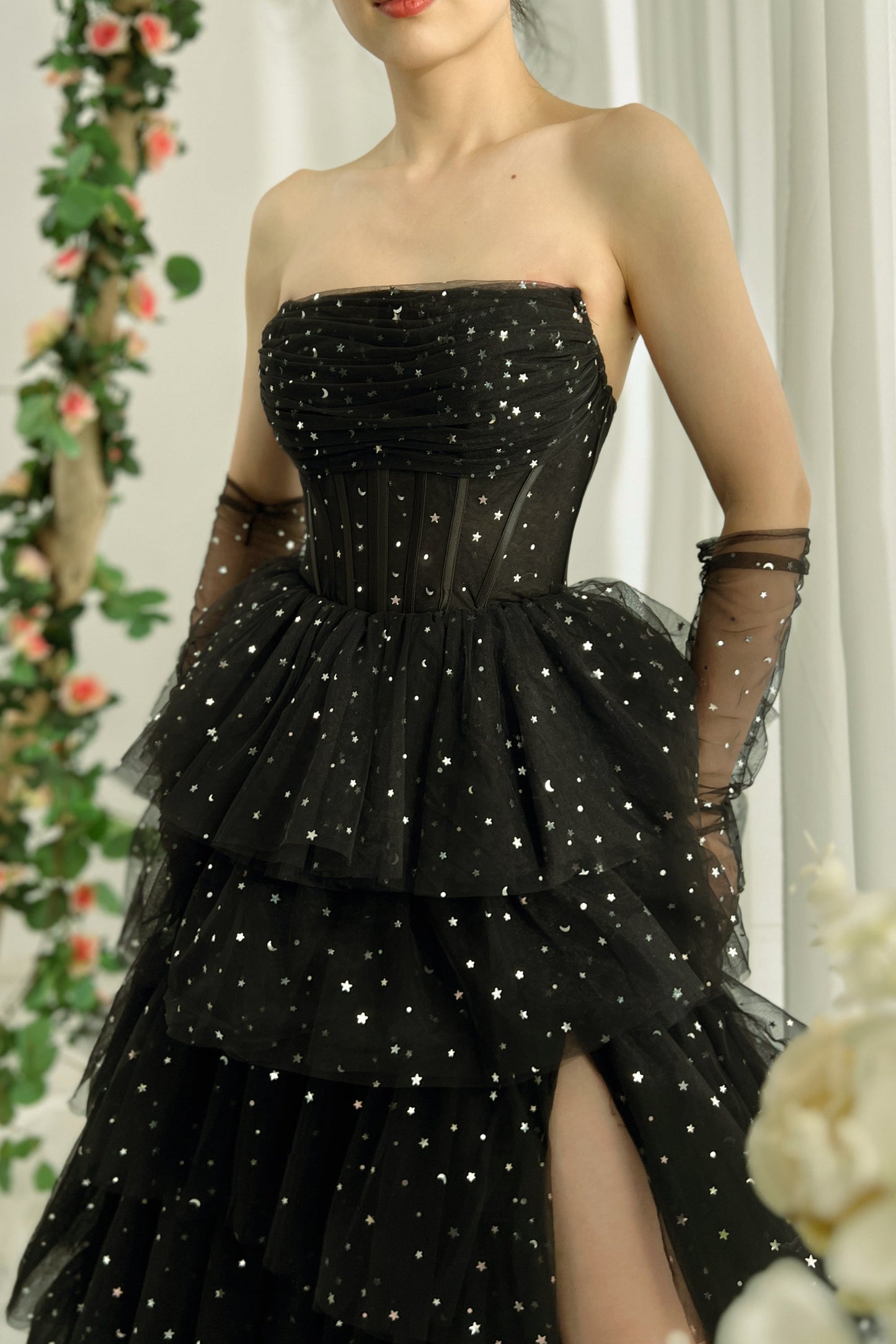 Strapless Corset Tulle Tiered Dress with Slit