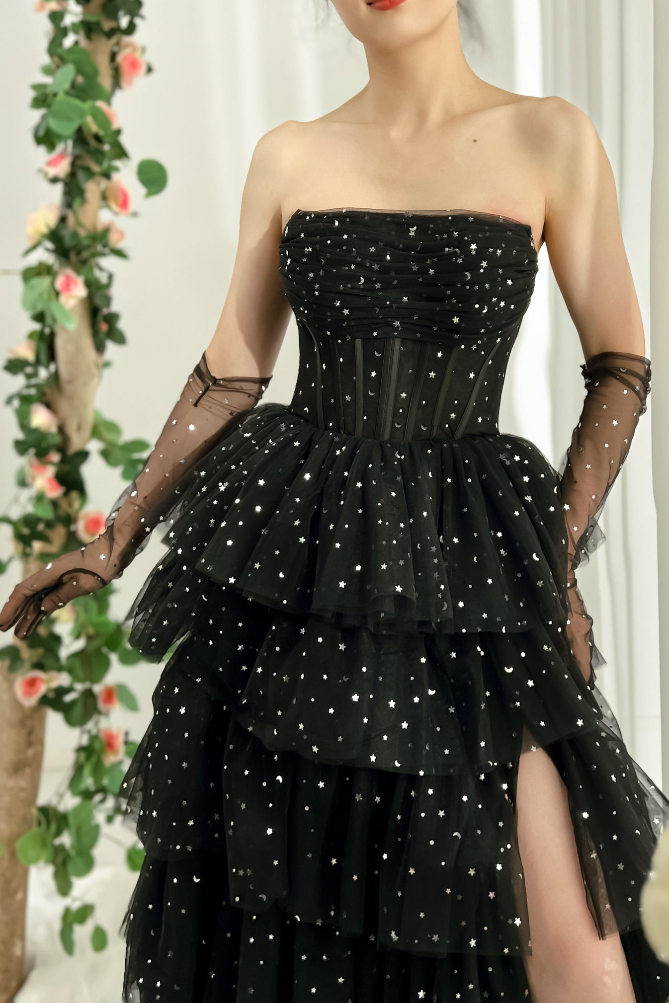 Corset Strapless Tulle Tiered Short Dress Black