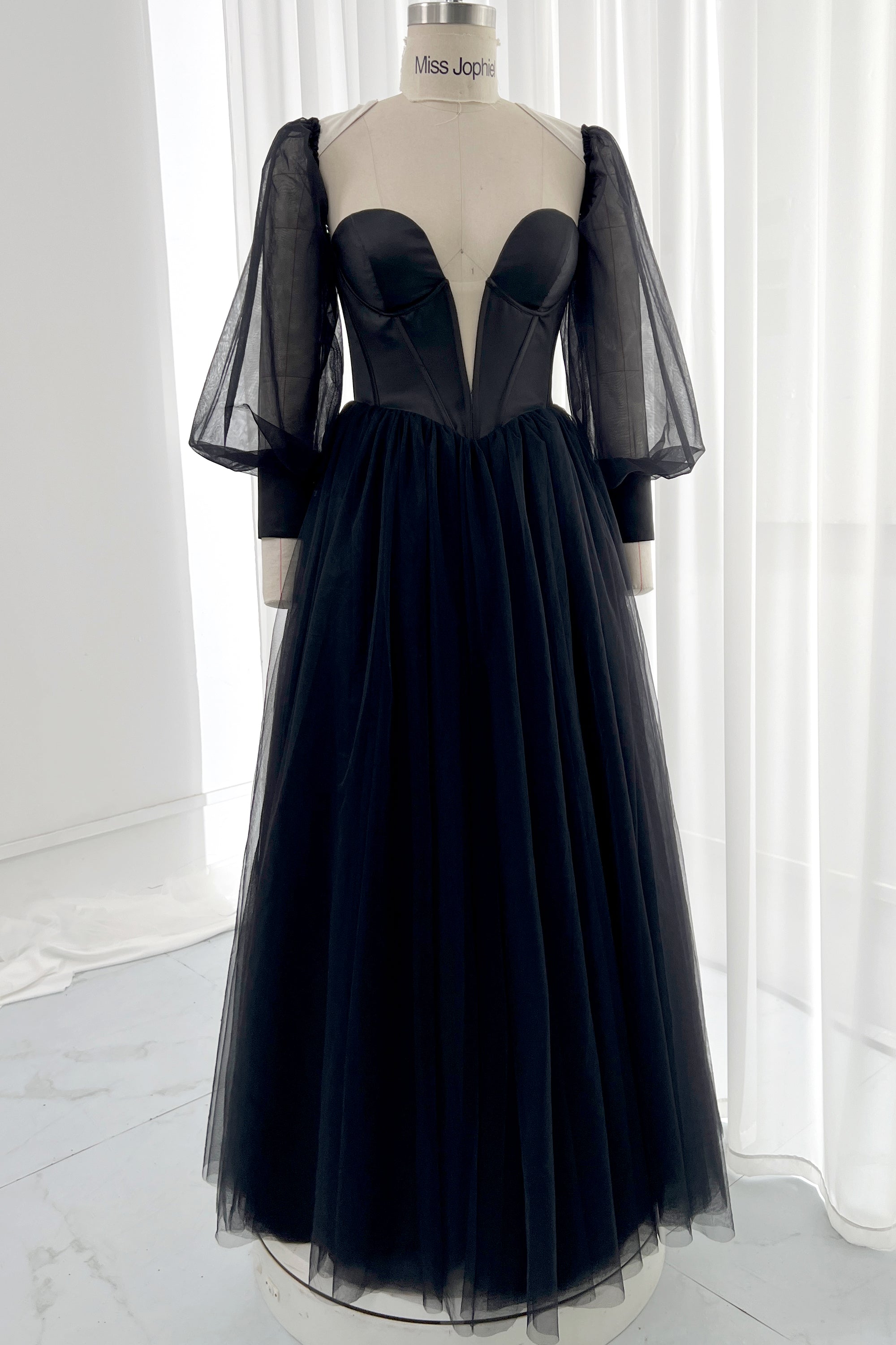 MissJophiel Puff Long Sleeves Deep V Neck Corset Black Dress