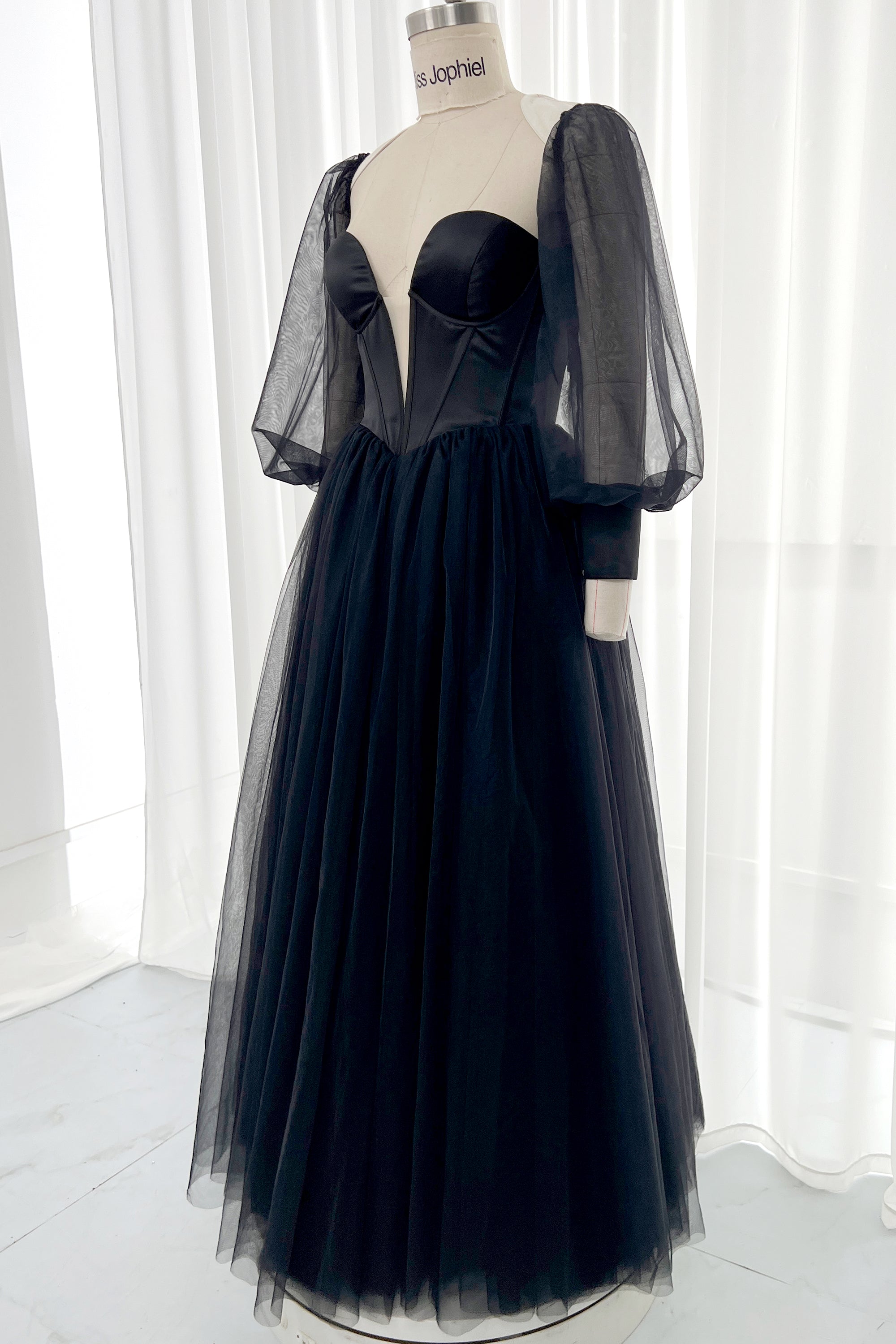 MissJophiel Puff Long Sleeves Deep V Neck Corset Black Dress