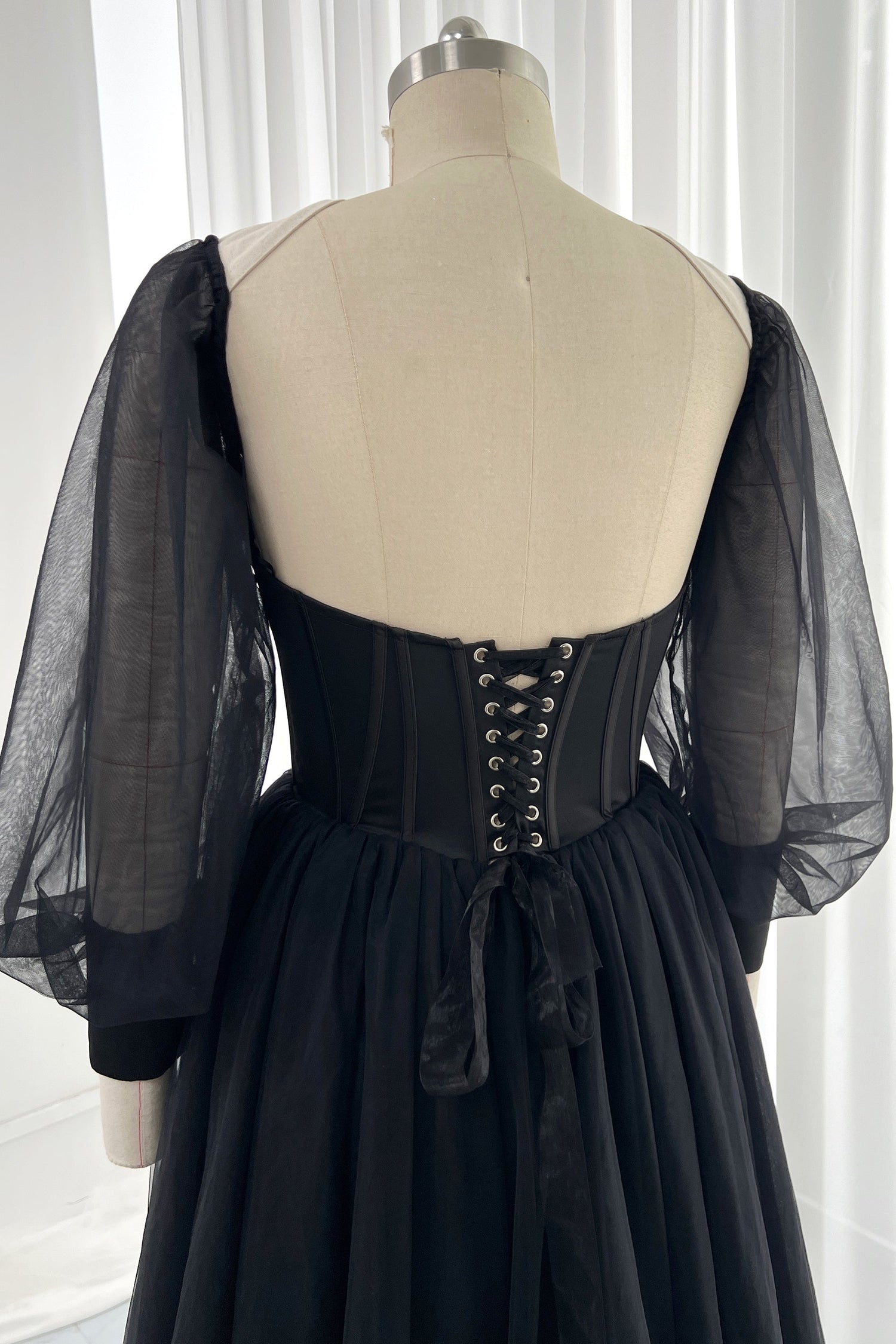 MissJophiel Puff Long Sleeves Deep V Neck Corset Black Dress