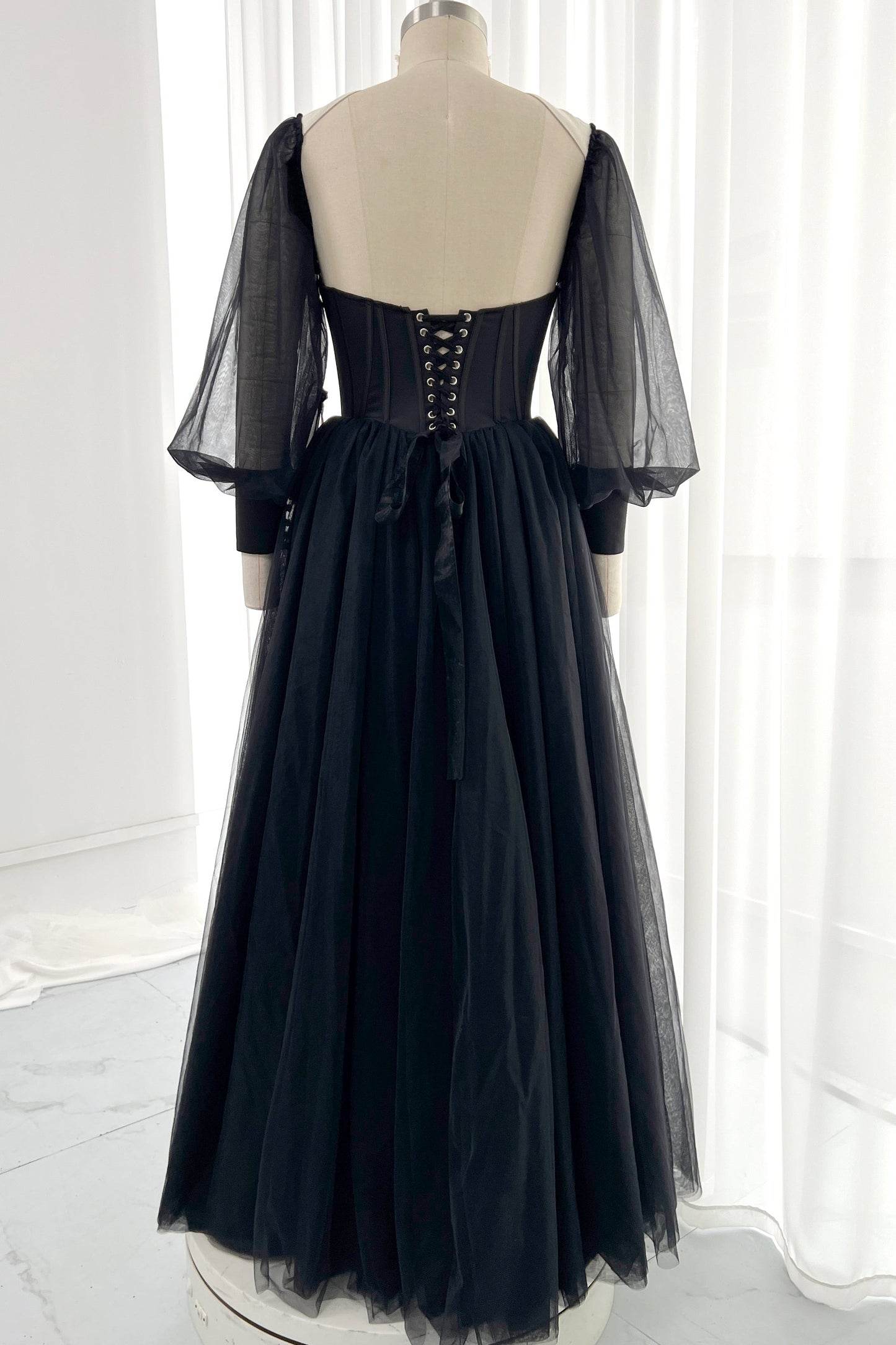 MissJophiel Puff Long Sleeves Deep V Neck Corset Black Dress Black / Tea Length / US14 MissJophiel Puff Long Sleeves Deep V Neck Corset Black Dress Black / Tea Length / US14