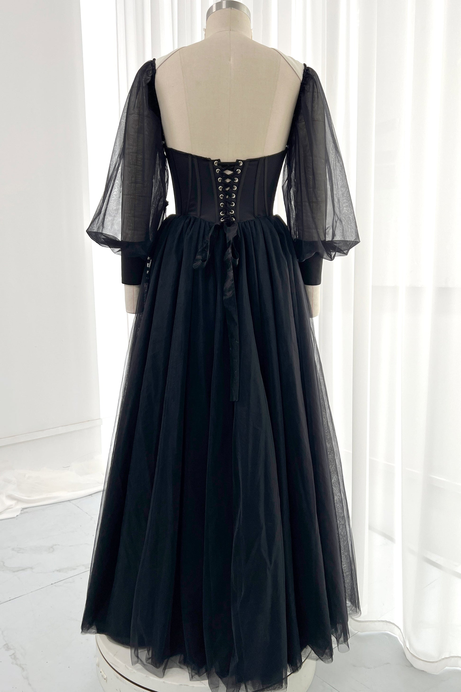 black corset dress with sleeves MissJophiel Puff Long Sleeves Deep V Neck Corset Black Dress Black / Tea Length / US14