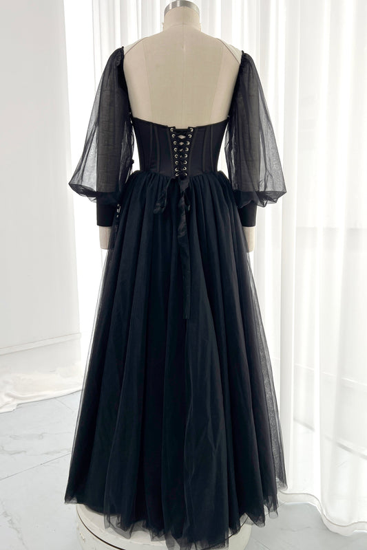MissJophiel Puff Long Sleeves Deep V Neck Corset Black Dress