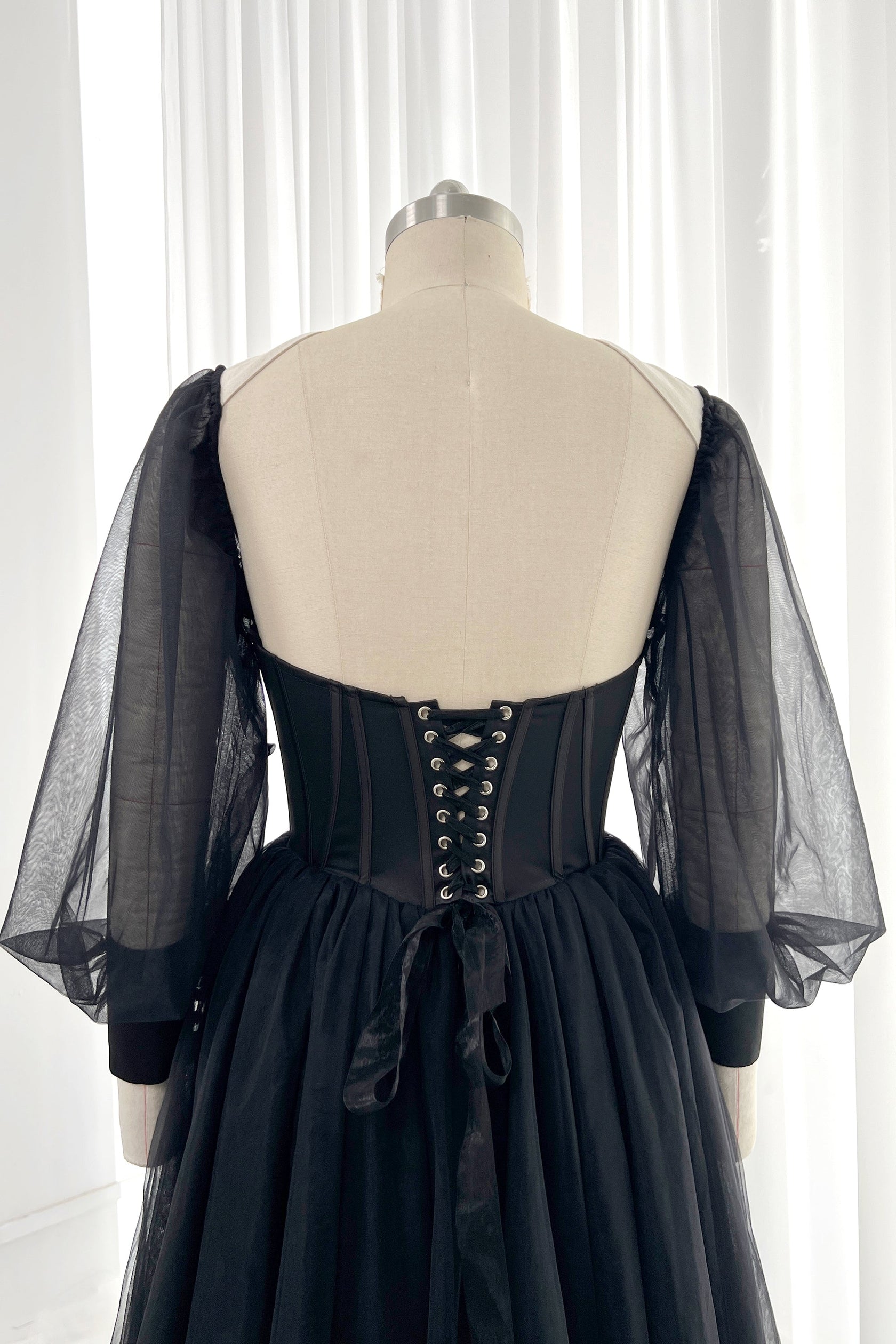 MissJophiel Puff Long Sleeves Deep V Neck Corset Black Dress