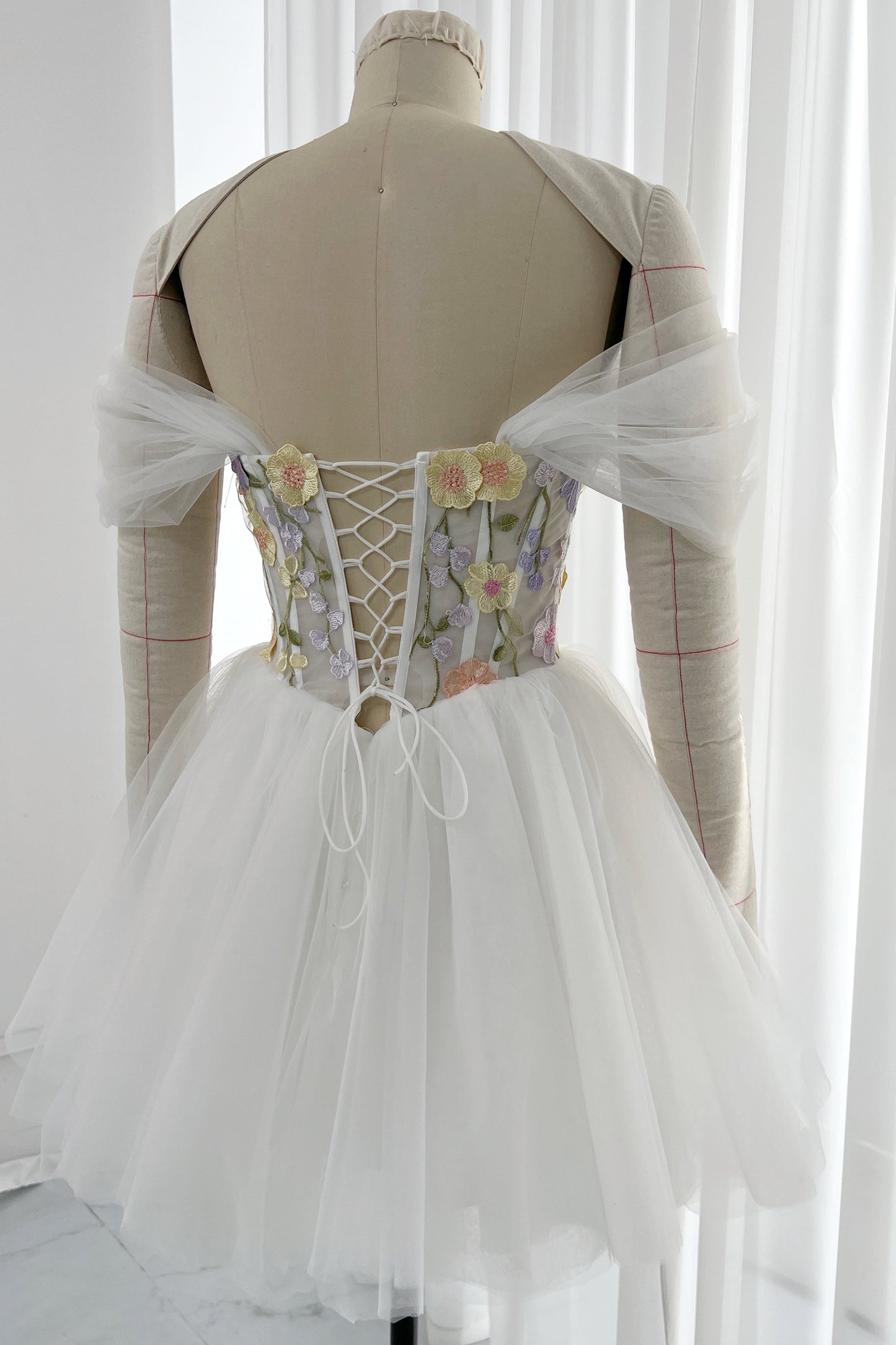 MissJophiel Corset Floral Embroidery Ivory Dress with Removable Off Shoulders