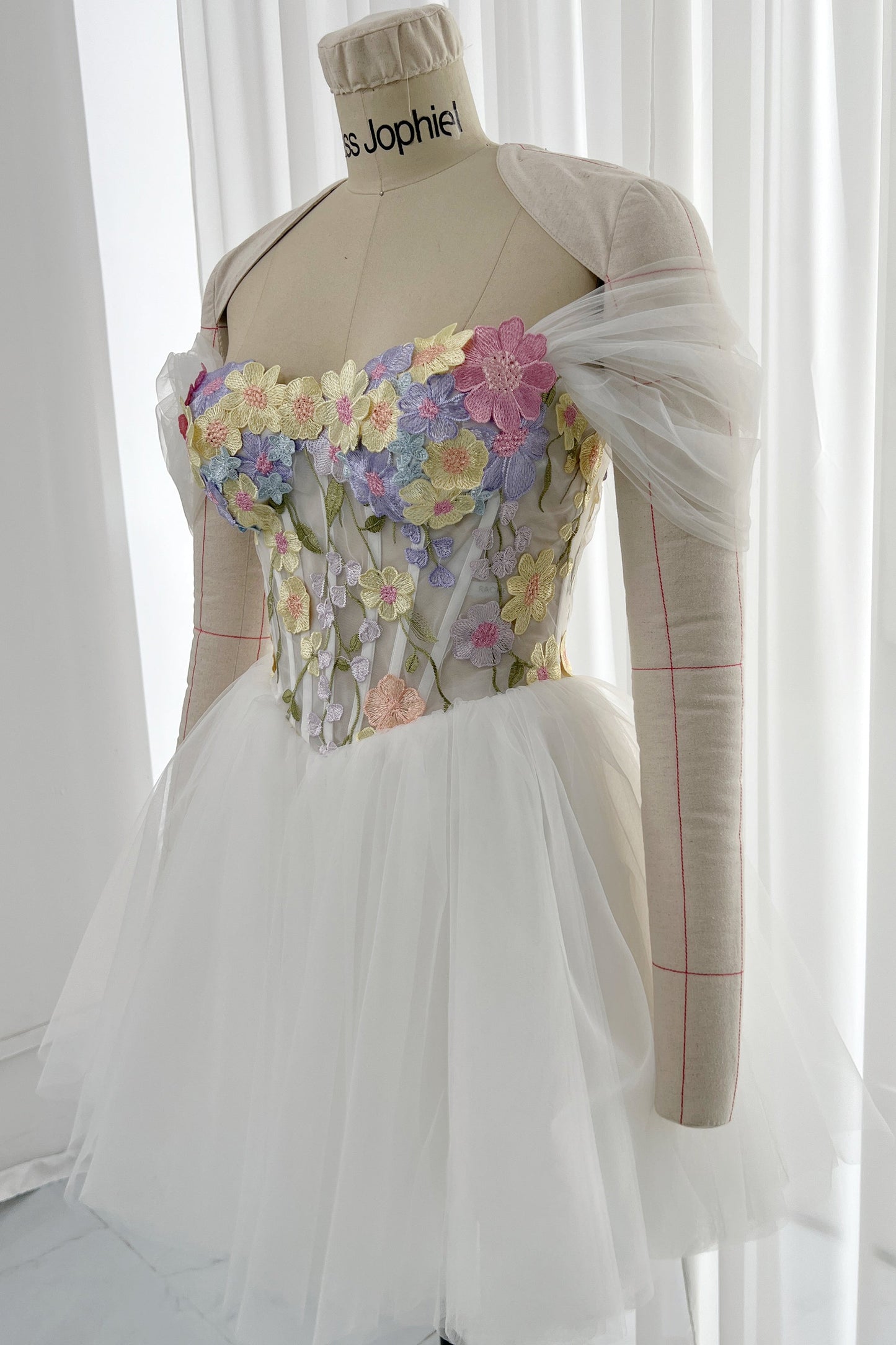 Corset Floral Embroidery Ivory Dress with Removable Off Shoulders