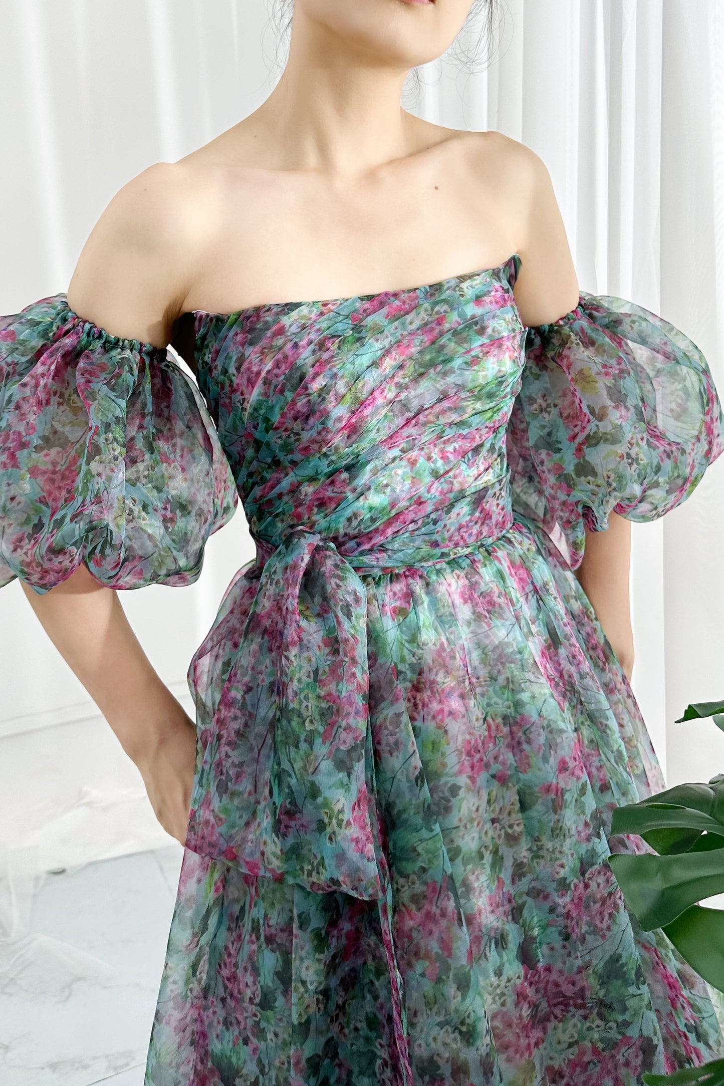 Strapless Organza Floral Midi Dress with removeable Puff Sleeves