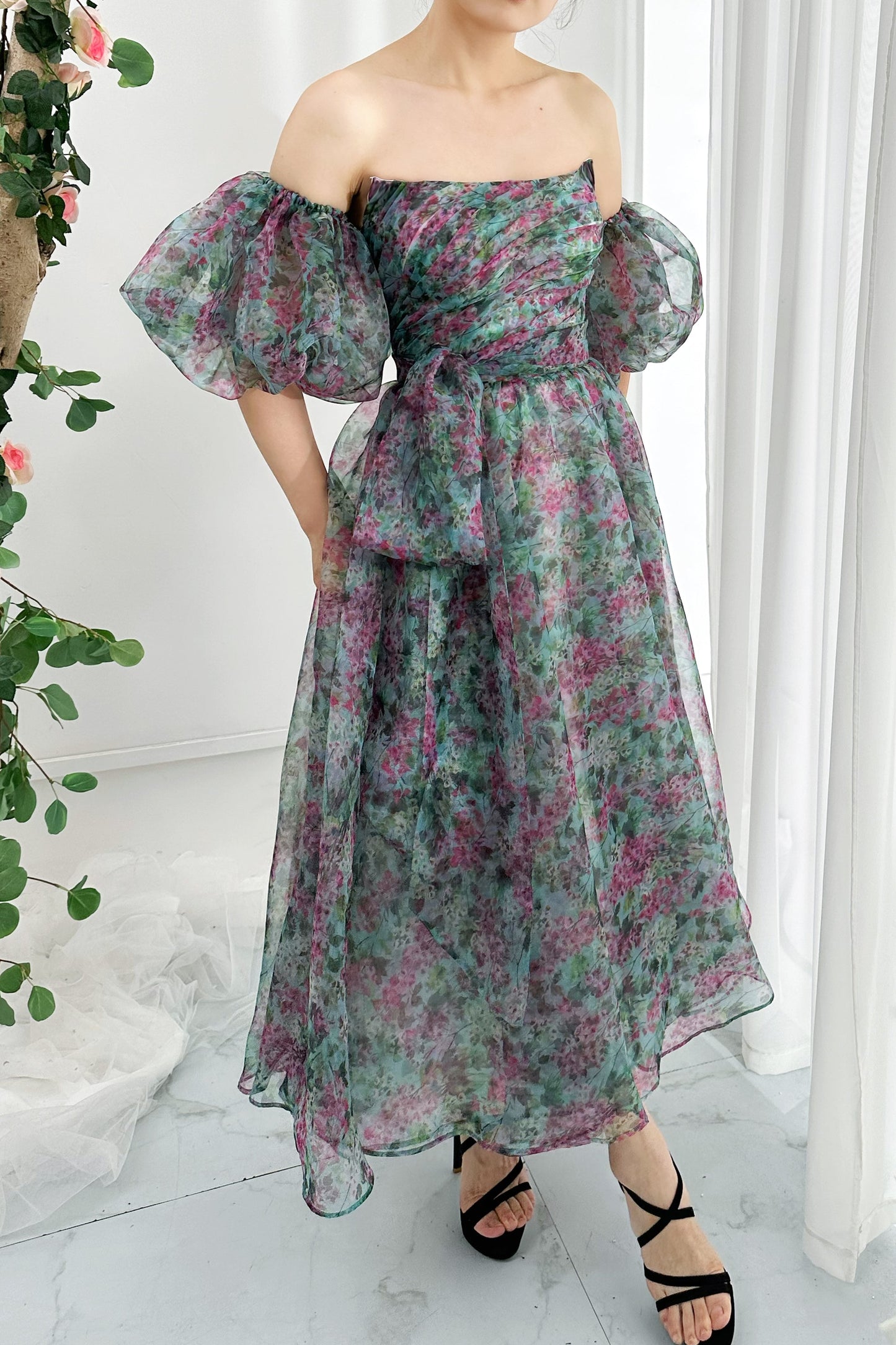 Strapless Organza Floral Midi Dress with removeable Puff Sleeves