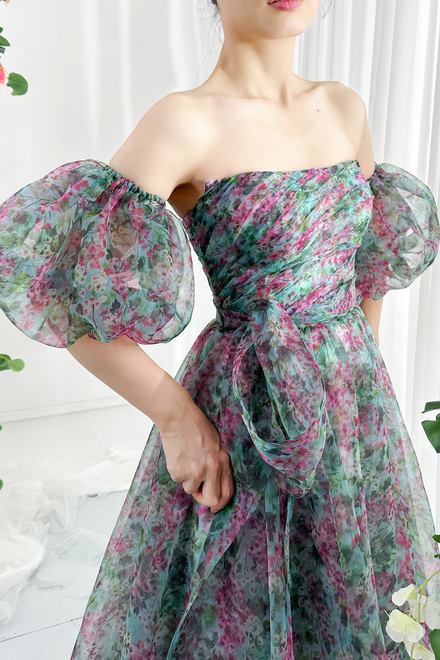 MissJophiel Strapless Organza Floral Midi Dress with removeable Puff Sleeves
