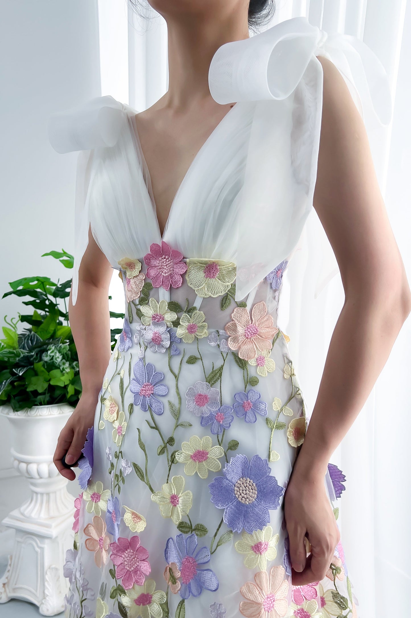 V Neck Embroidery Floral Dress with removeable Bows