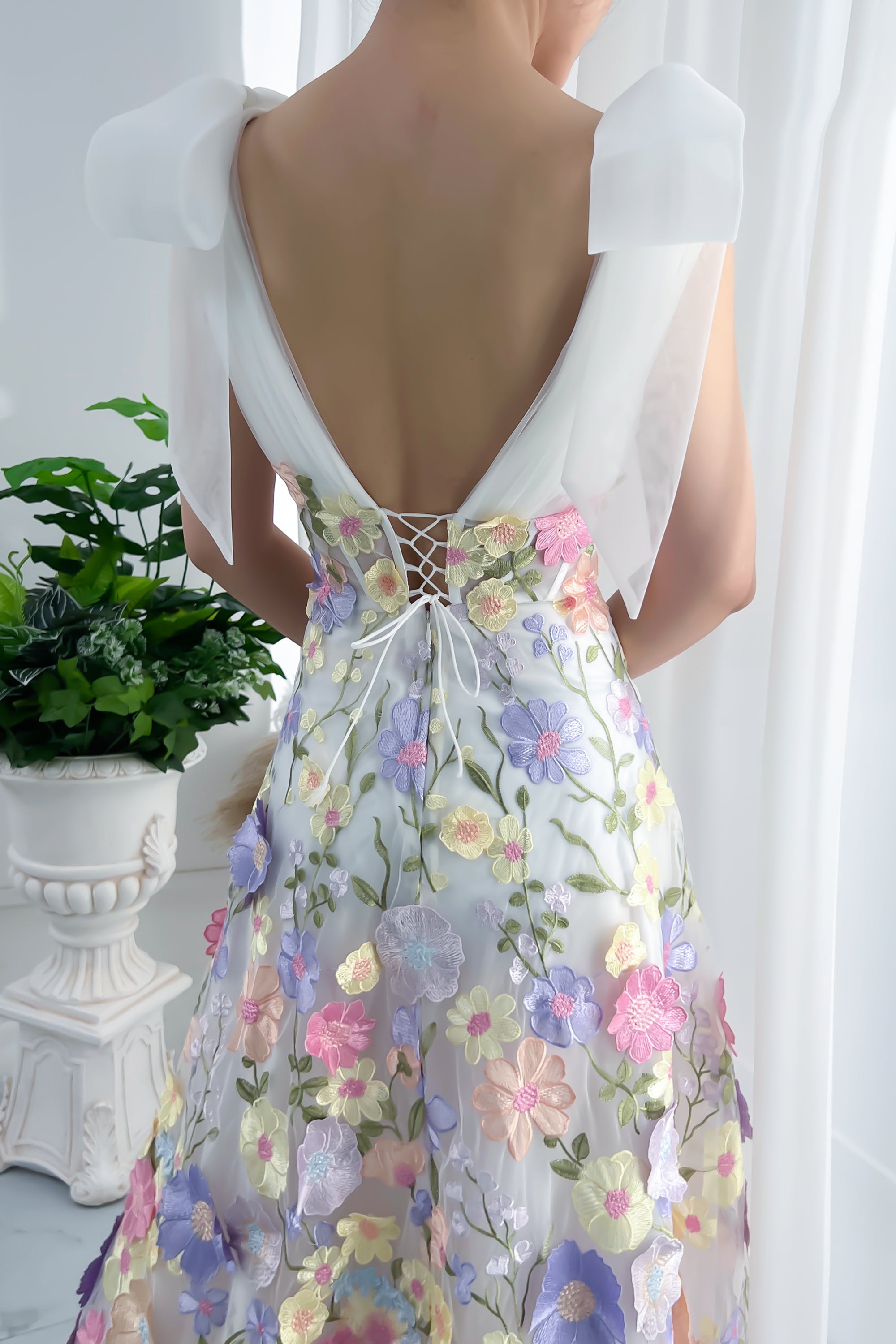 Missjophiel V Neck Embroidery Floral Dress With Removeable Bows 7883