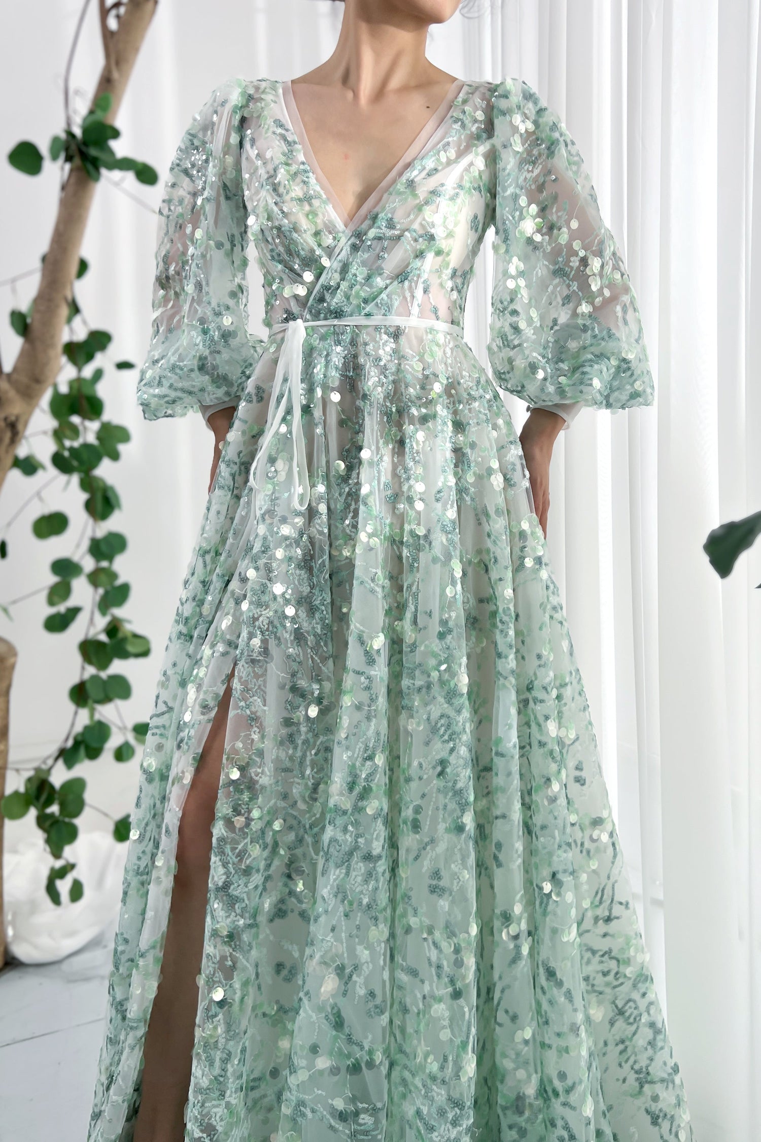 MissJophiel Puff Sleeves V Neck Aqua Sequin Dress with Side Slit