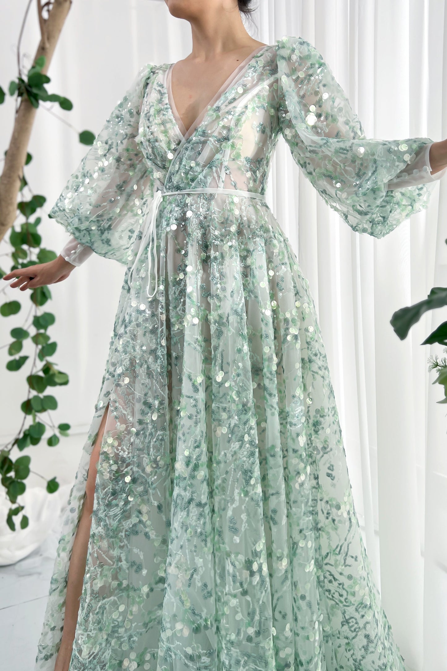MissJophiel Puff Sleeves V Neck Aqua Sequin Dress with Side Slit Aqua / Floor Length / US14 MissJophiel Puff Sleeves V Neck Aqua Sequin Dress with Side Slit Aqua / Floor Length / US14